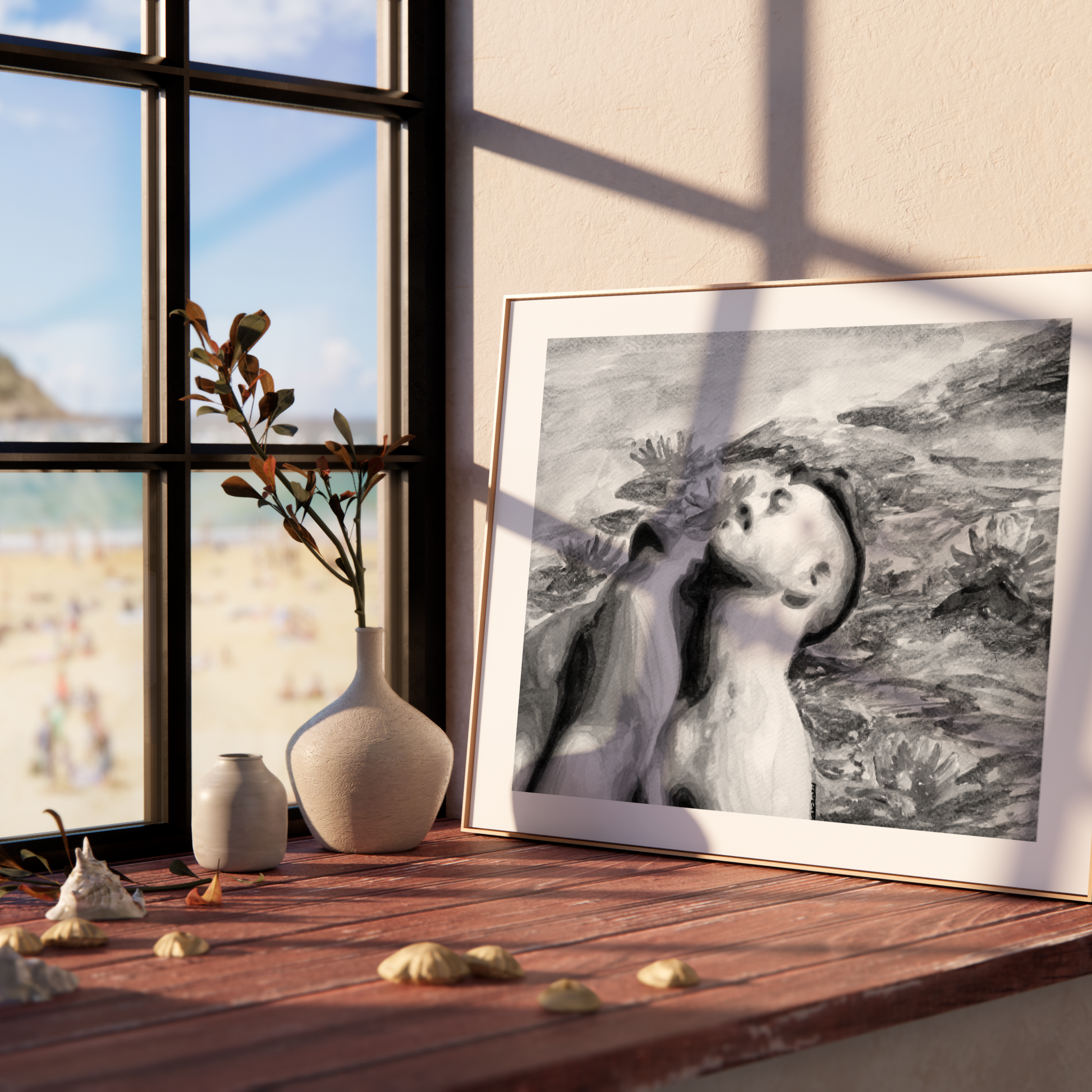 Framed black and white artwork on a wooden shelf with a window view