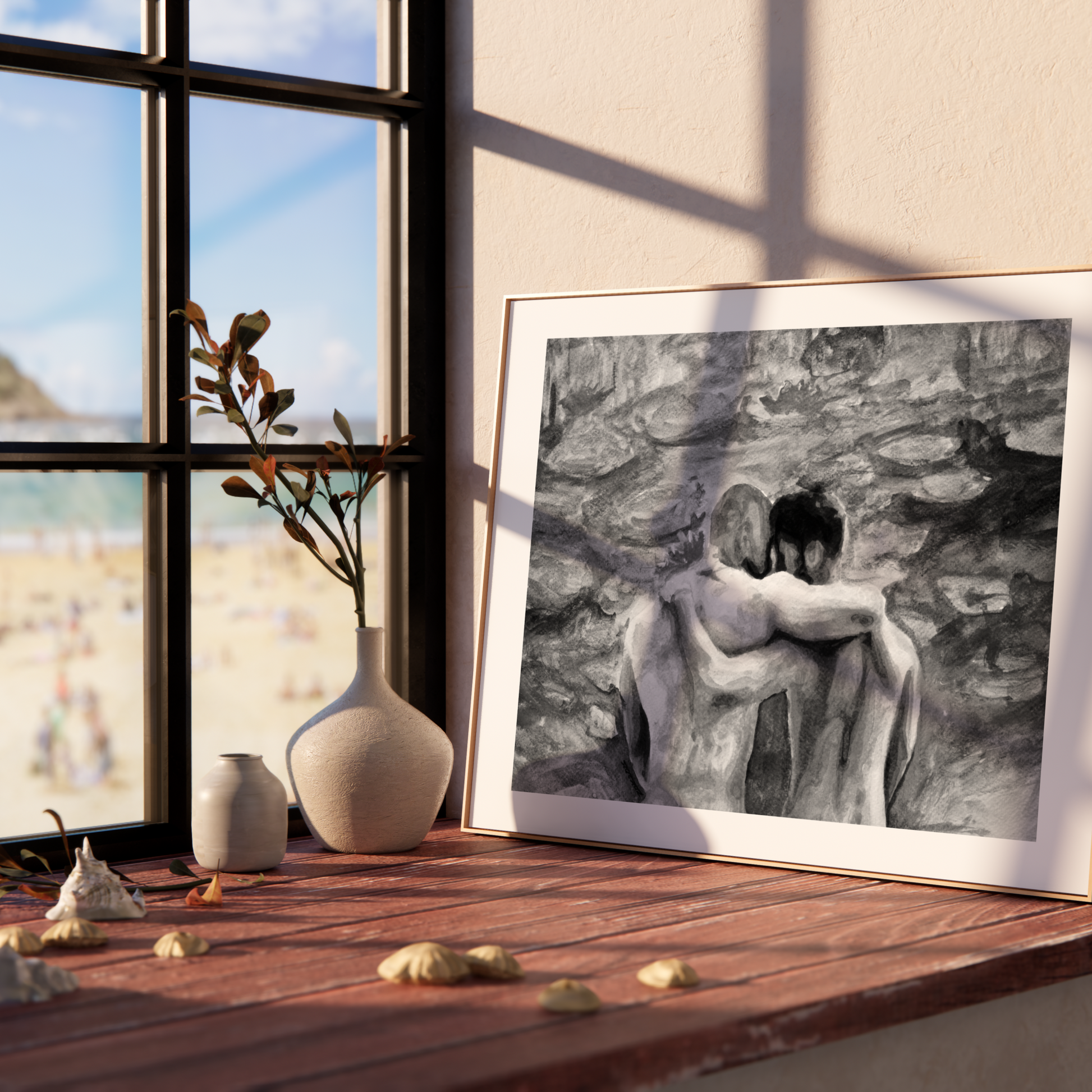 Black and white watercolor painting of two men from behind with arms around each other, looking at a soft landscape inspired by Monet.