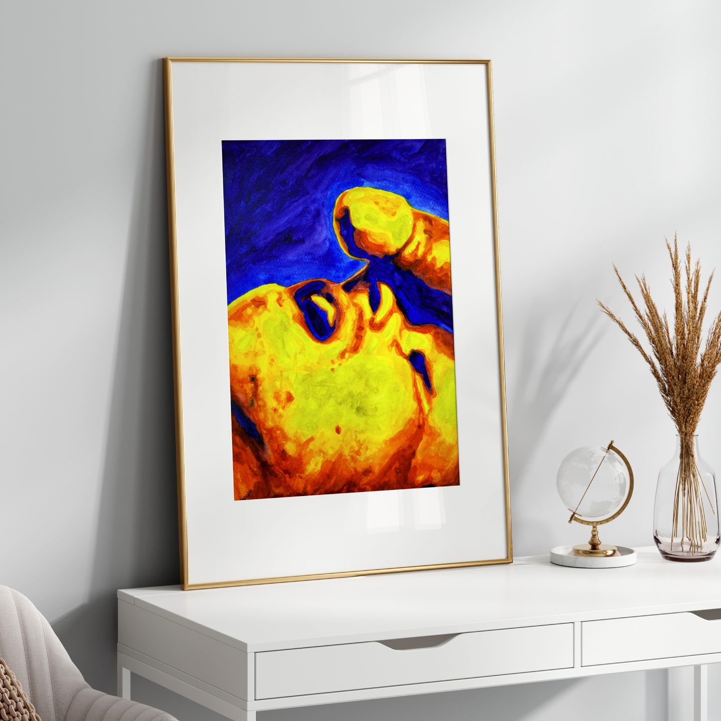 Watercolor painting of two men in an intimate moment, one gazing upward toward the other’s muscular body. A sensual queer artwork by Zak Pop Art.