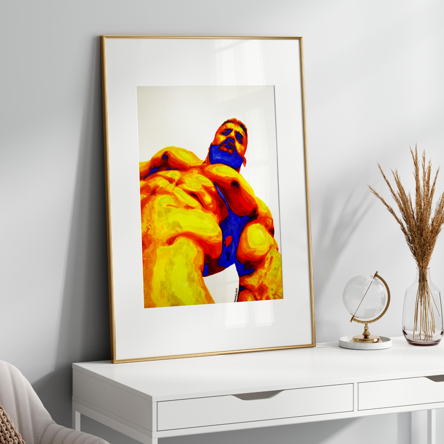 Bold watercolor painting of a muscular nude male viewed from a low angle, using vivid heatmap colors—yellow, red, and blue—symbolizing queer strength and sensuality, by Zak Pop Art.