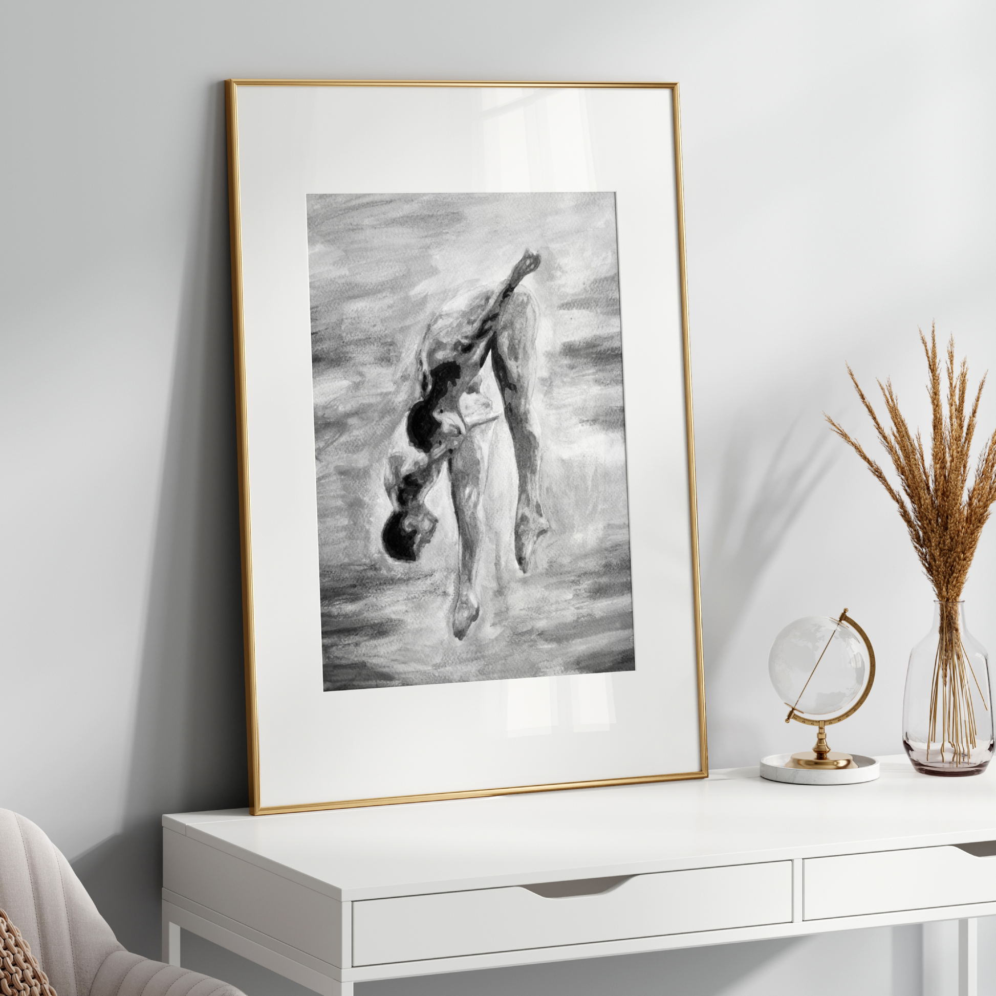Black and white watercolor of two nude men jumping into water, viewed from behind, grayscale tones with expressive splashes and sky.