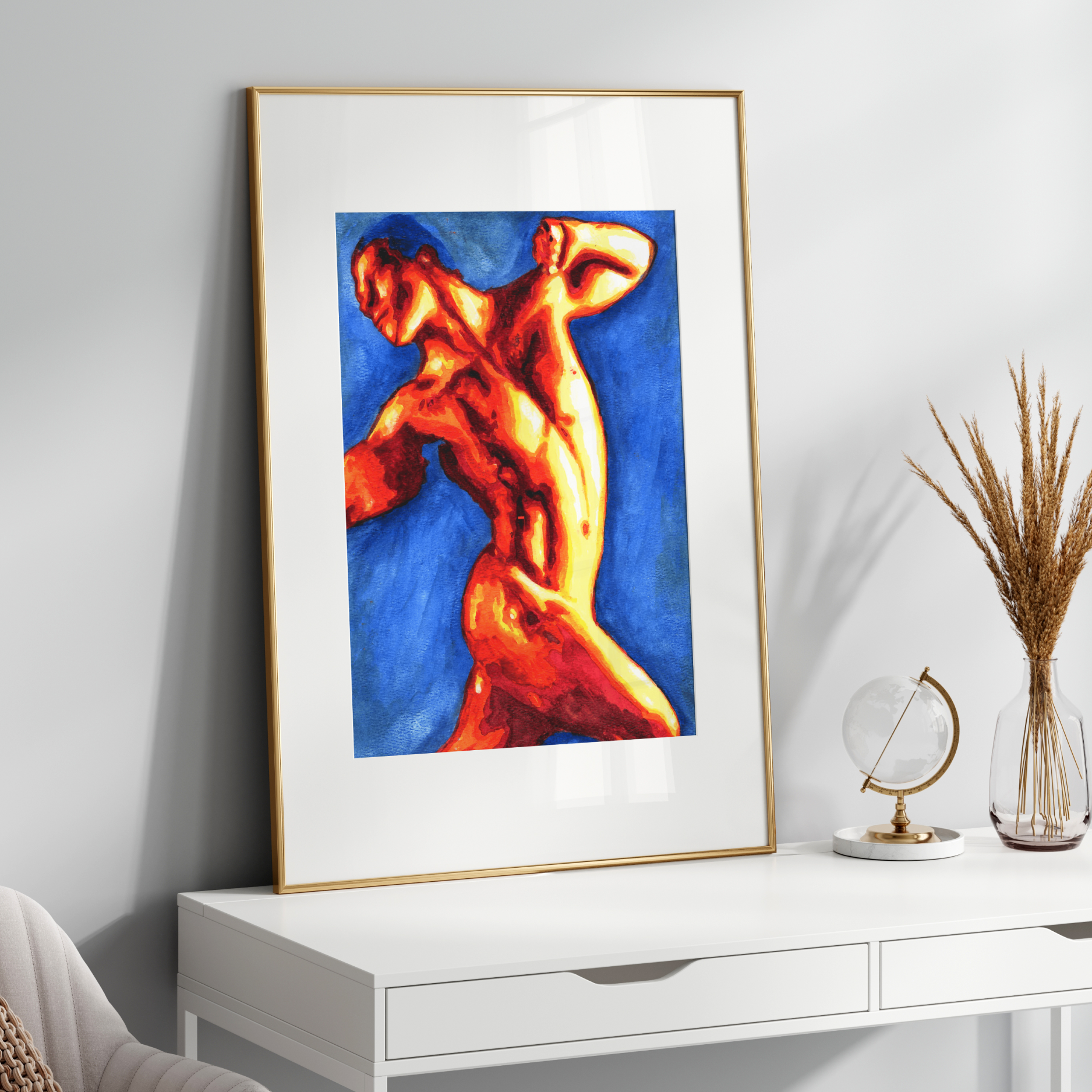 Framed abstract artwork of a nude figure on a white wall above a white console table.