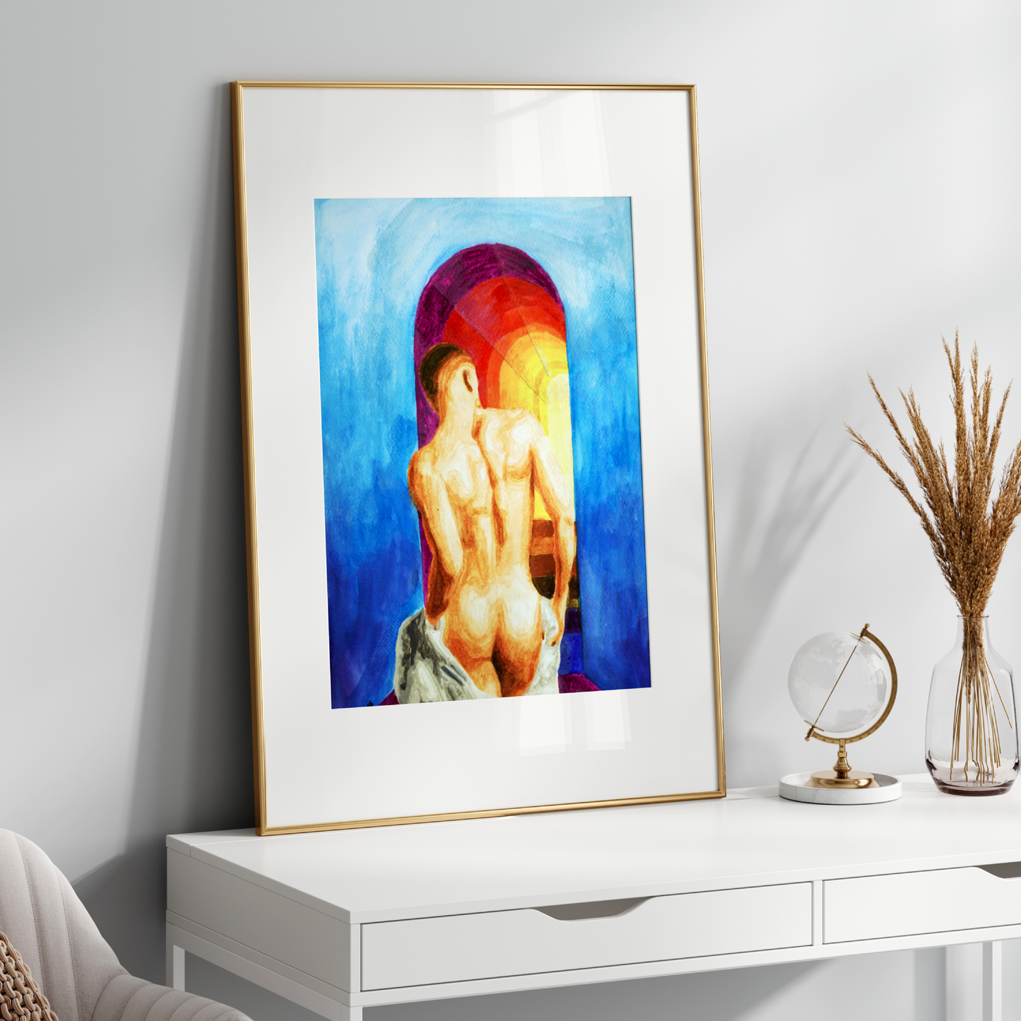 
Watercolor painting of a nude male from behind walking up stairs into the sky, with a rainbow and bright blue sky in the background.