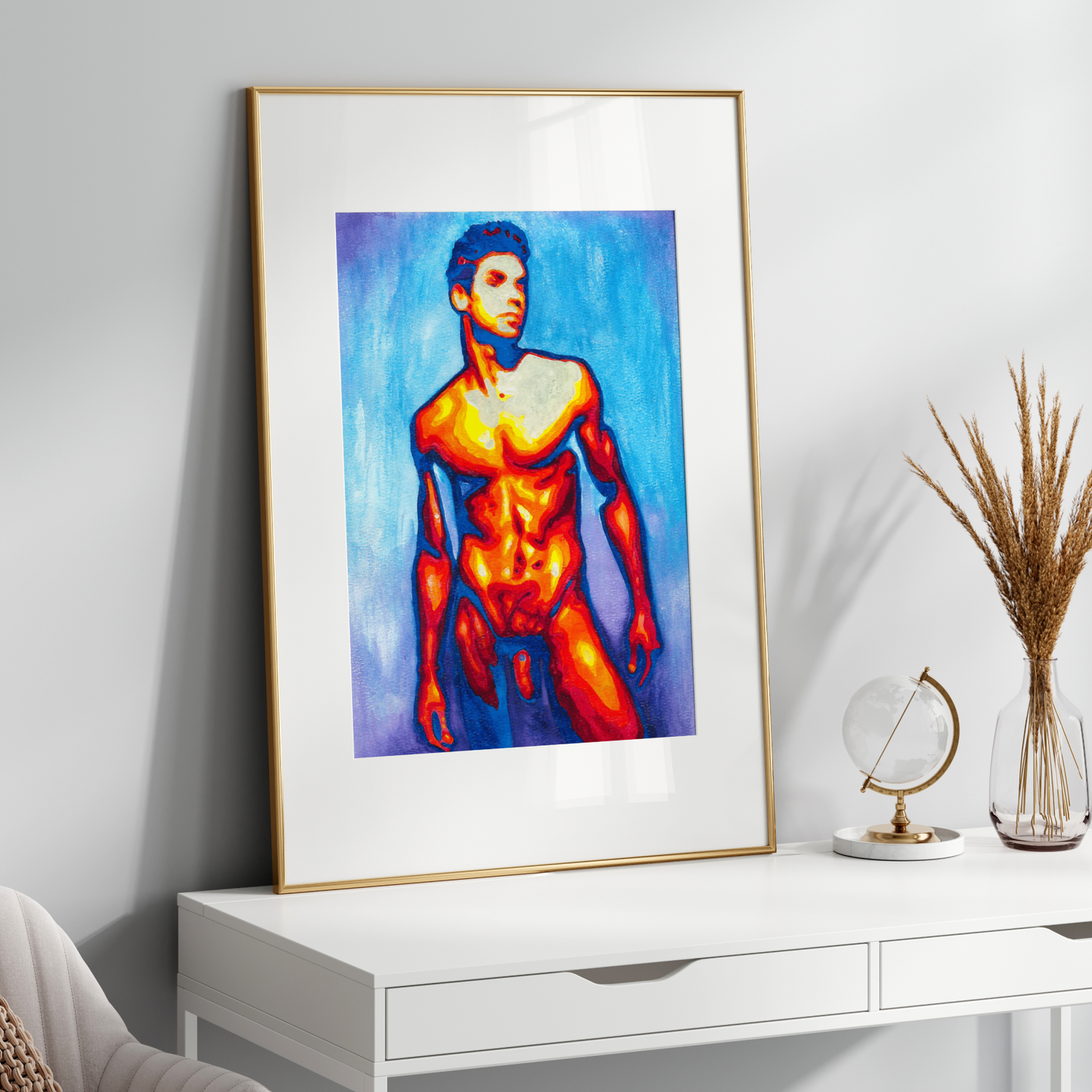 Framed artwork of a muscular figure on a white wall above a white console table.