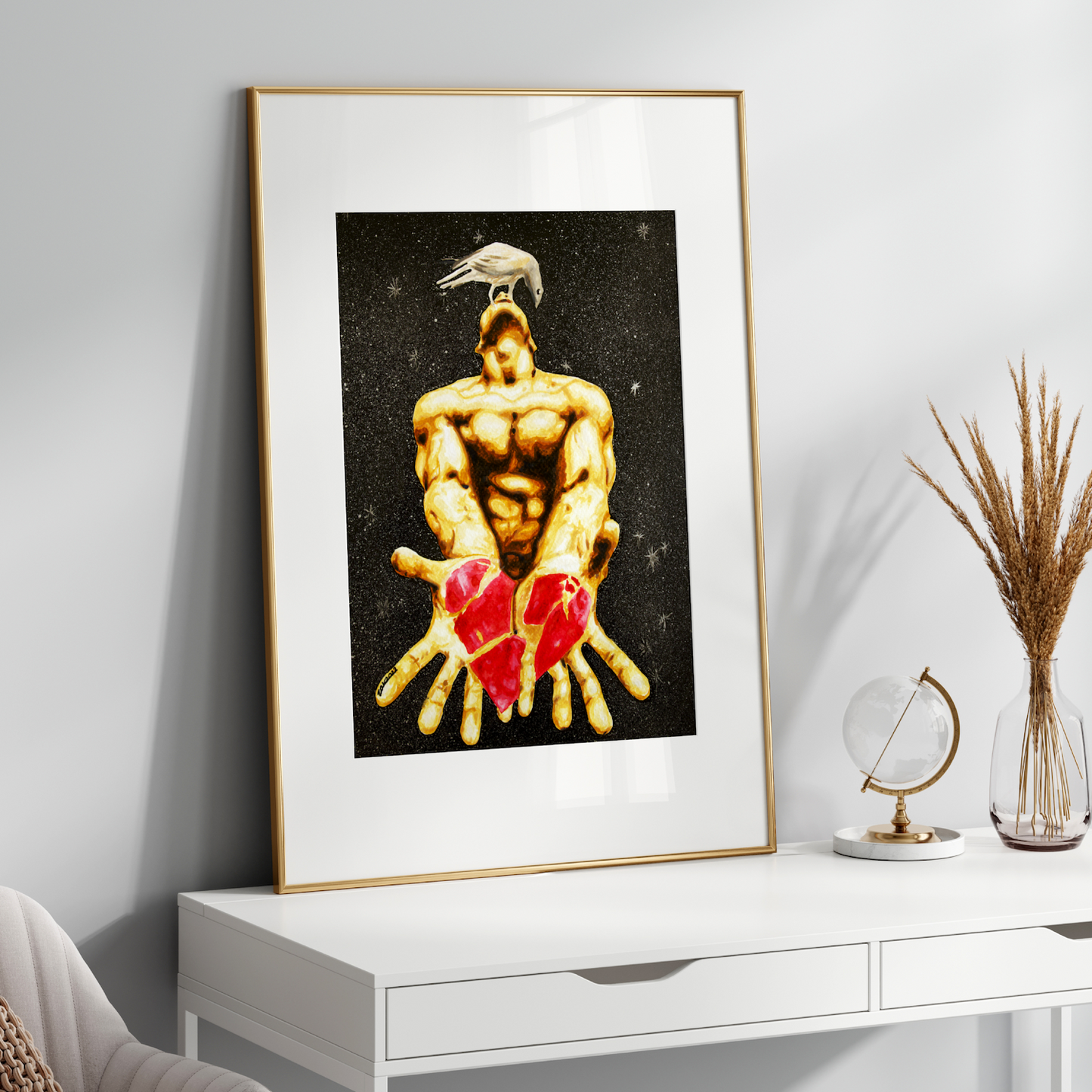 Framed artwork of a muscular figure on a white shelf with decorative items.