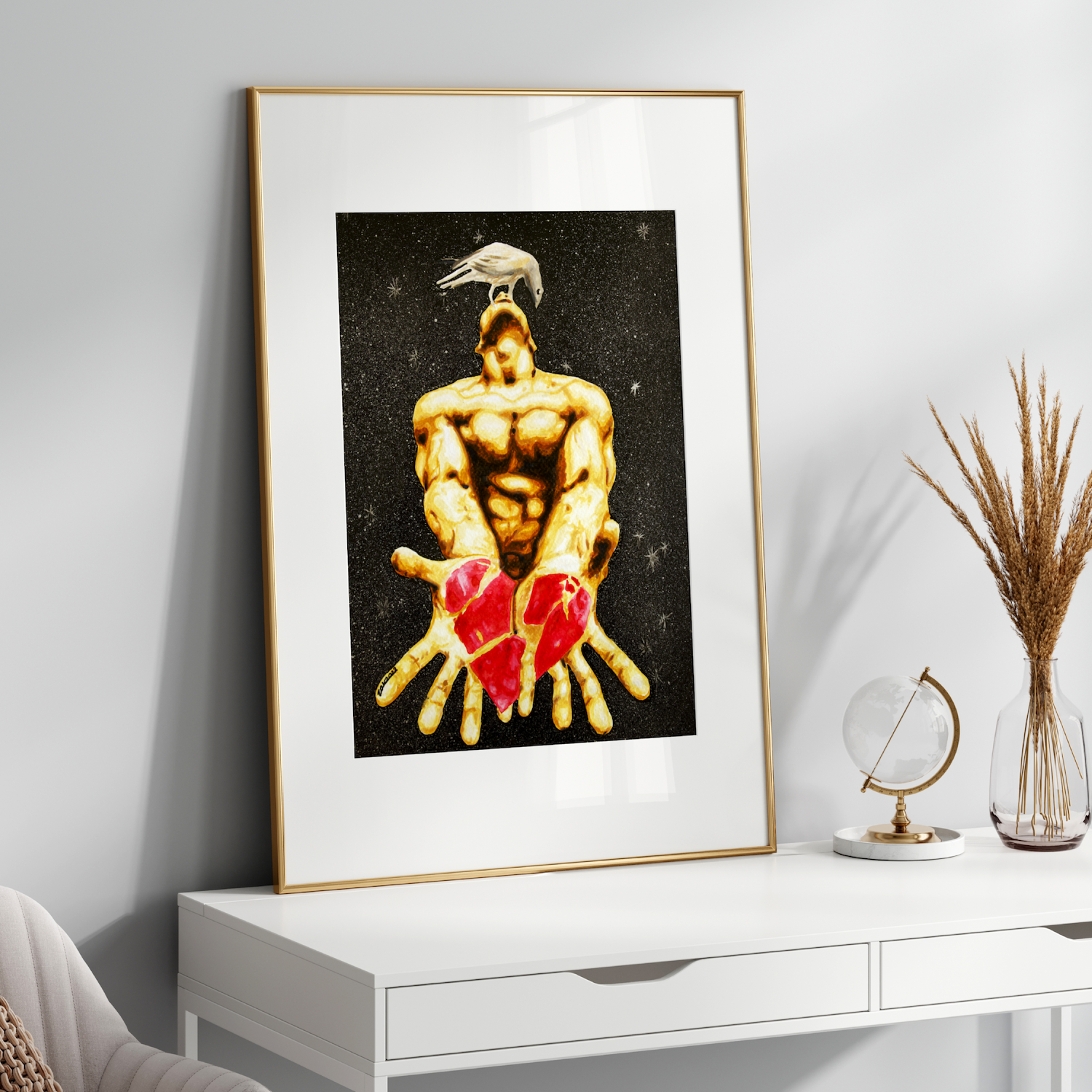 Framed artwork of a muscular figure on a white shelf with decorative items.