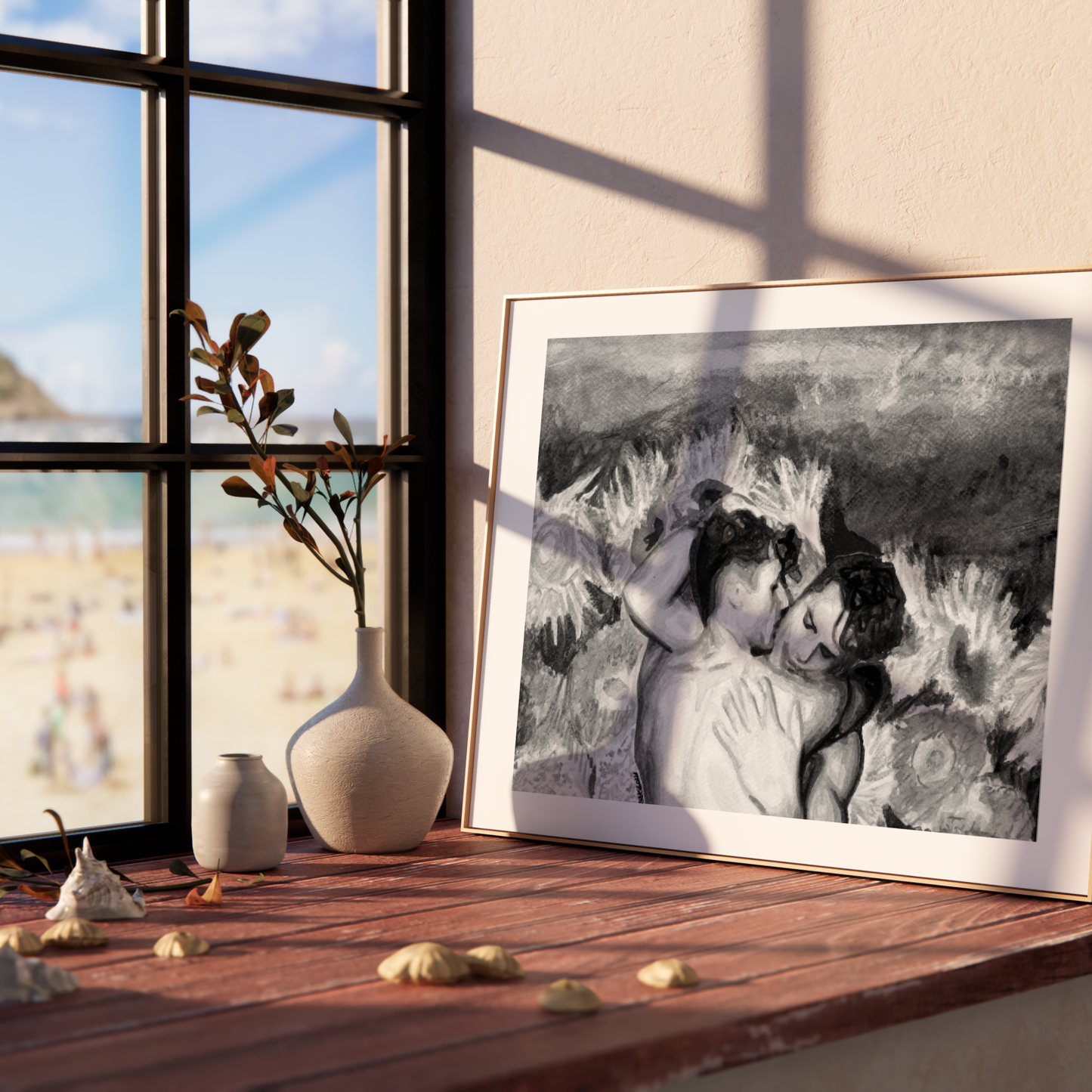 Framed black and white artwork on a wooden shelf with a window view