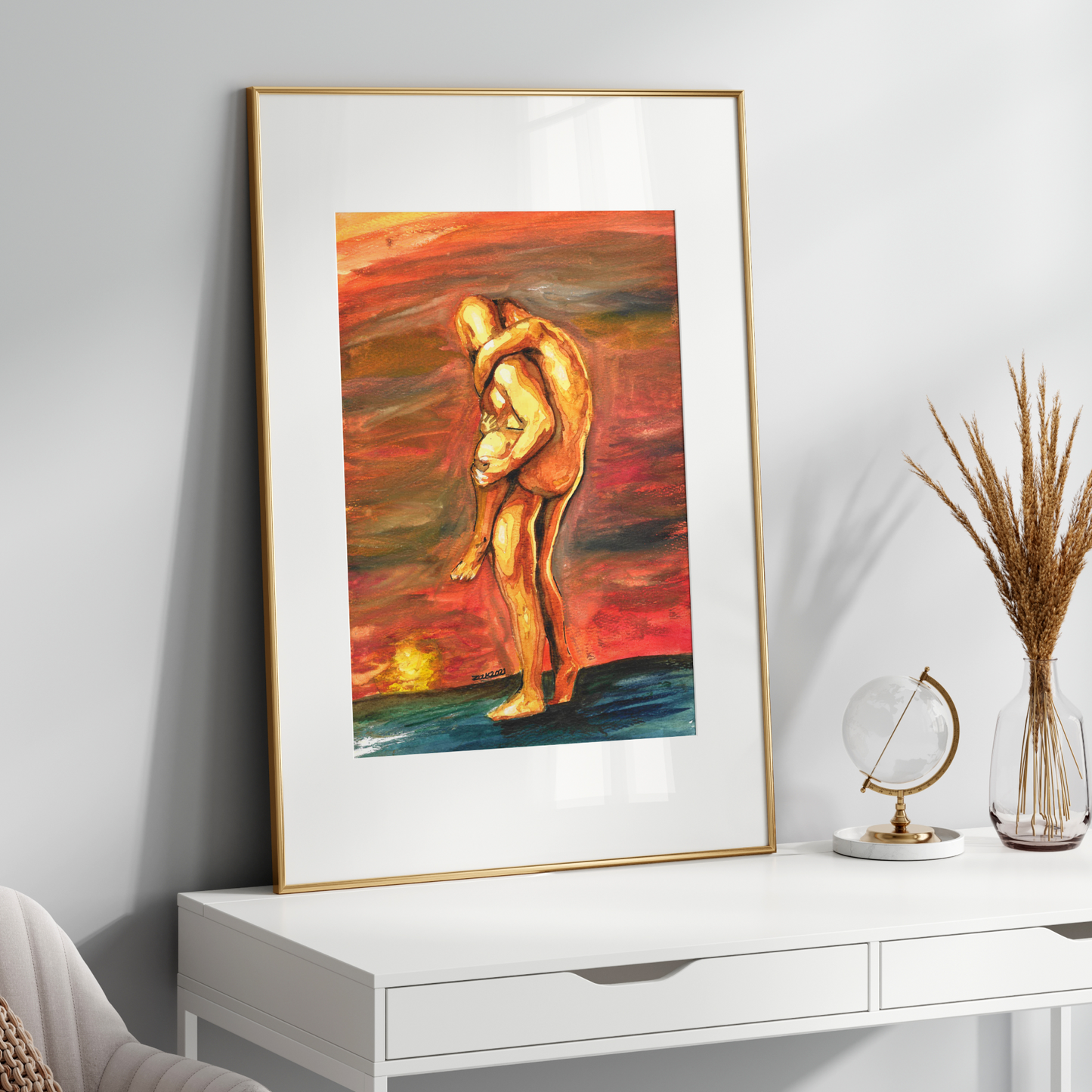 Framed abstract artwork on a white wall above a white console table.