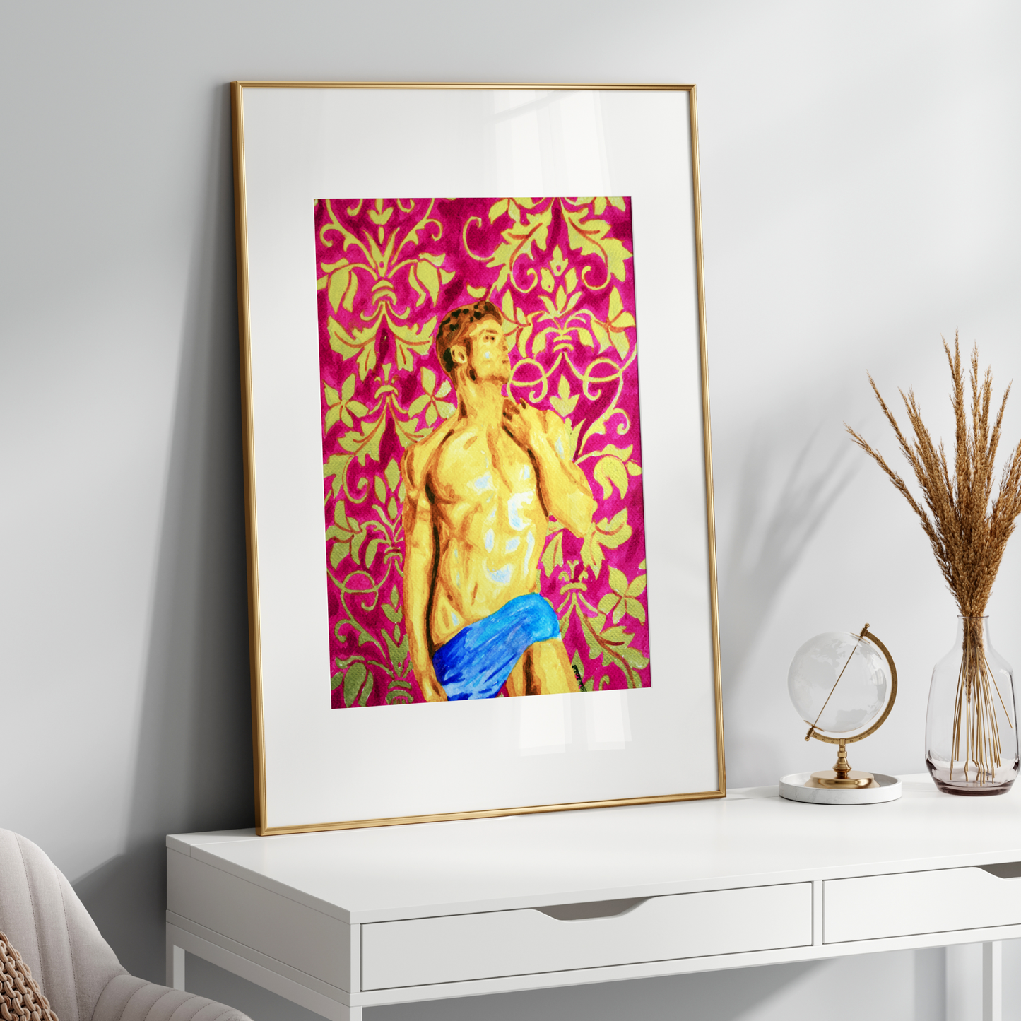 Greek-style muscular nude male with blue cloth and antique banana leaves in pink and gold