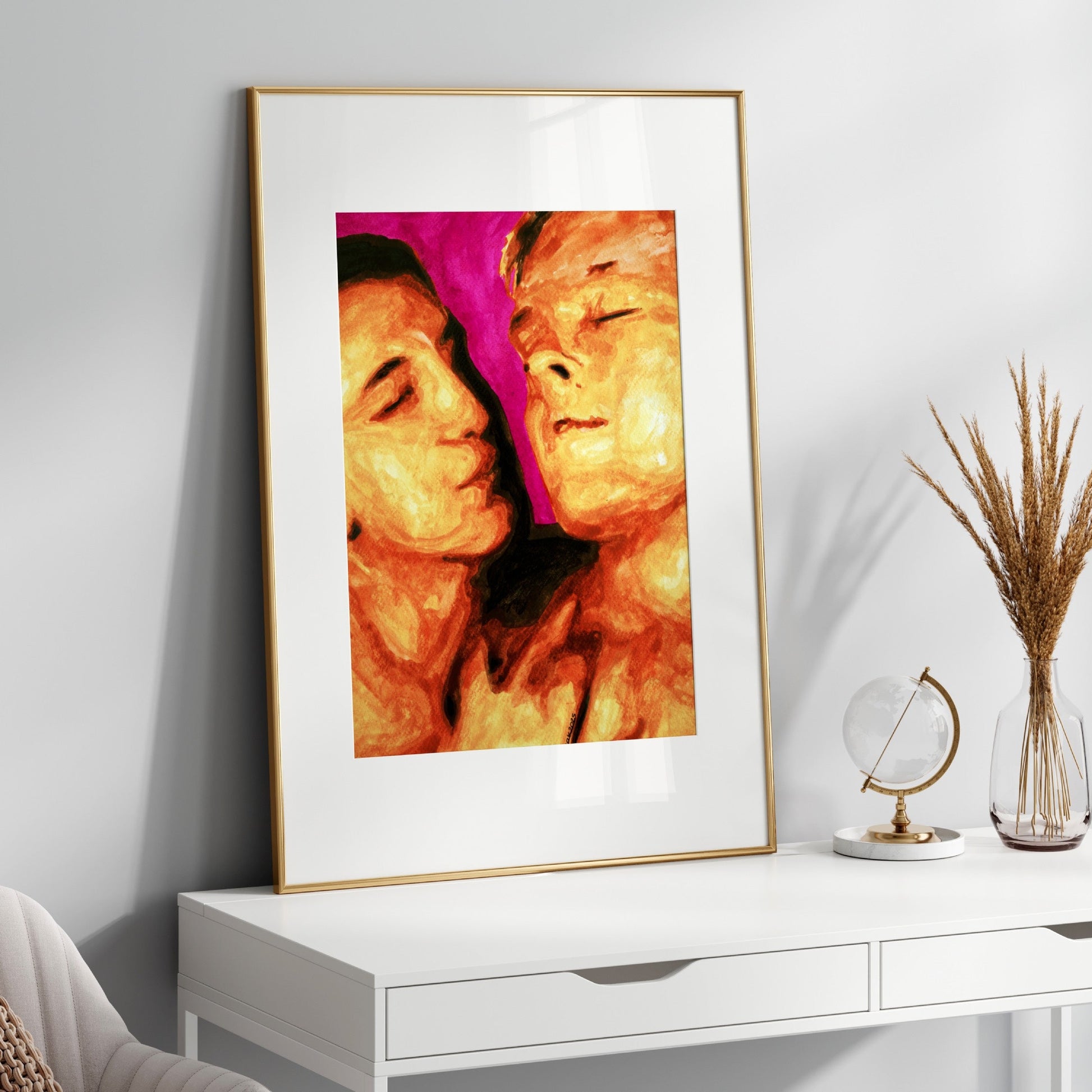 Watercolor painting of two gay men, one looking affectionately at the other, with warm skin tones and a soft pink floral background.
