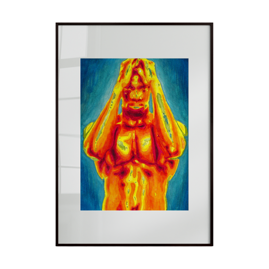 Framed artwork of a person with hands pressed to their face against a blue background