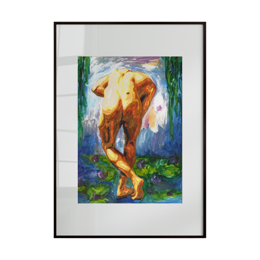 This painting titled "Walk in Monet," which is a vibrant and colorful depiction of a male figure in an artistic and erotic pose. The figure, rendered in bold and expressive brushstrokes, is set against a background that includes hints of greenery and abstract elements, enhancing the mystical and ethereal feel of the artwork.