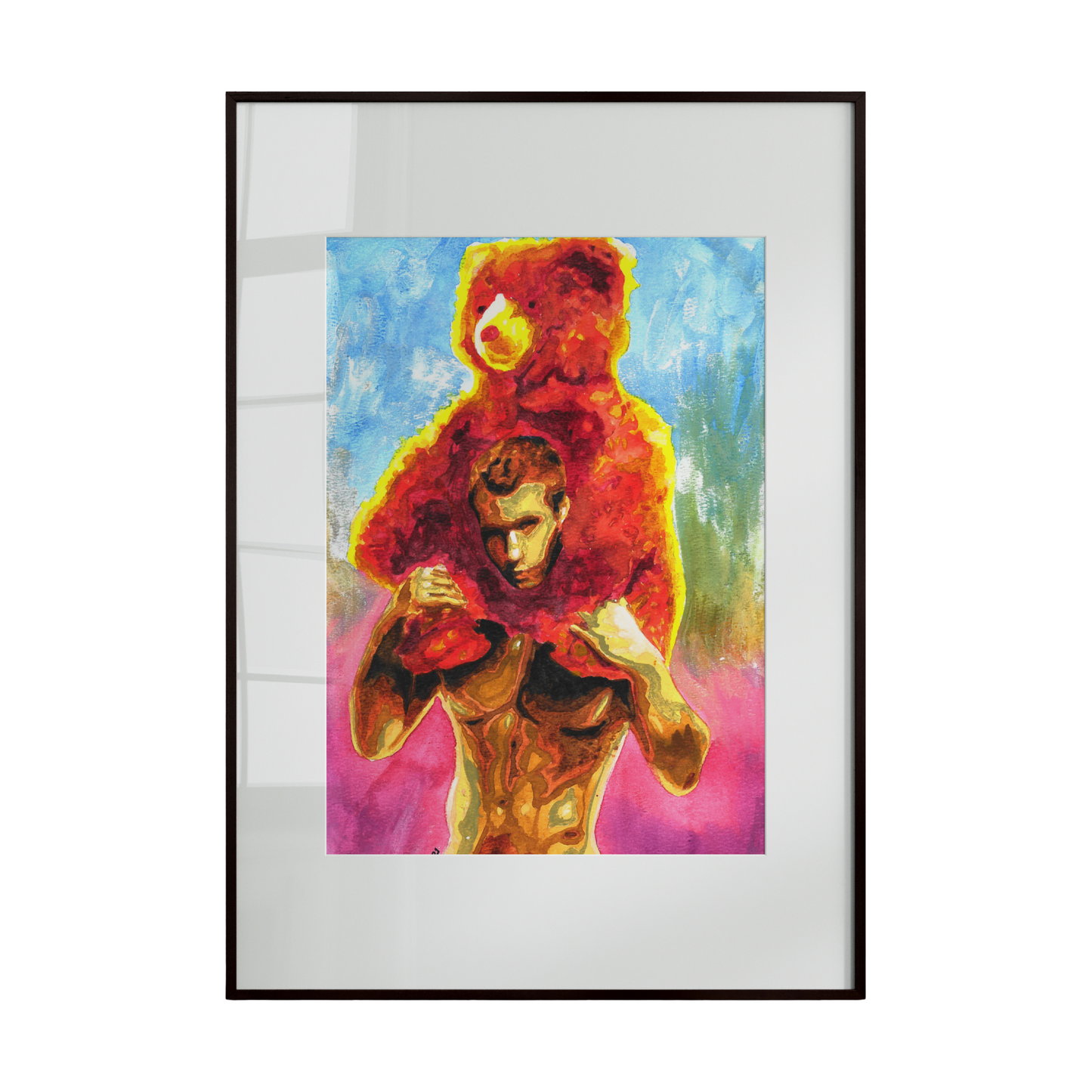 This artwork depicts a nude male figure carrying a large, colorful teddy bear on his back, set against a vibrant, multicolored background. The composition juxtaposes strength and vulnerability, blending whimsical imagery with bold, expressive color to create a playful yet striking visual impact.