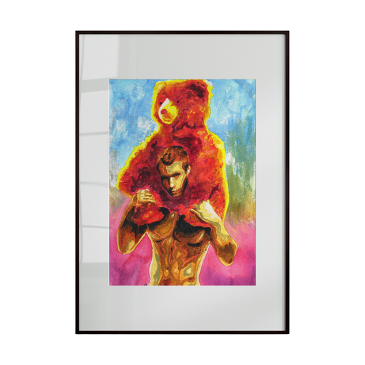 This artwork depicts a nude male figure carrying a large, colorful teddy bear on his back, set against a vibrant, multicolored background. The composition juxtaposes strength and vulnerability, blending whimsical imagery with bold, expressive color to create a playful yet striking visual impact.