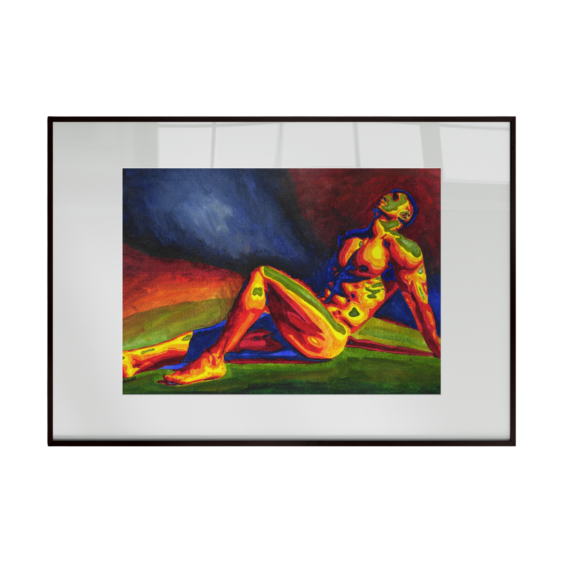 nude male figure seated atop a gentle hill, gazing toward a luminous, colorful sky. The vibrant hues of the twilight—warm oranges, pinks, and purples blending into cooler blues create a serene yet emotionally charged atmosphere.