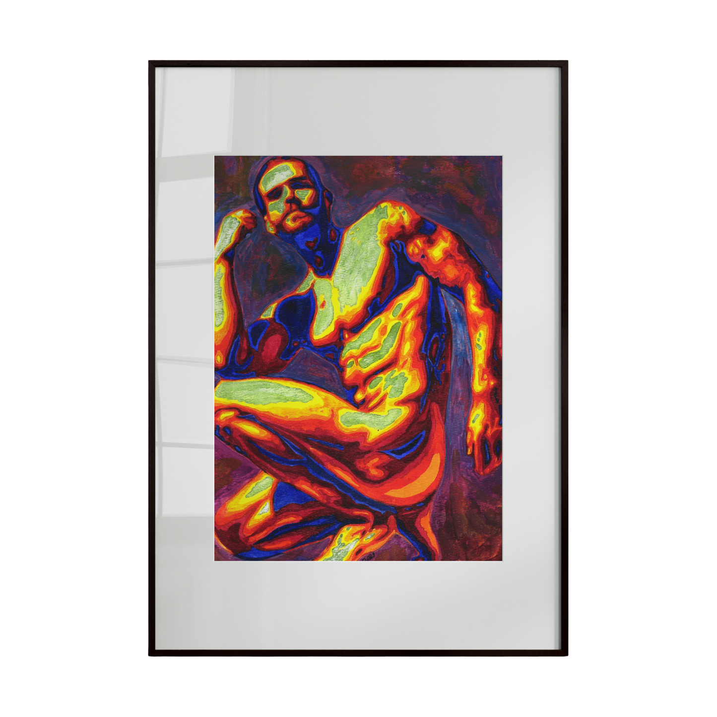 Framed abstract artwork with vibrant colors on a white background
