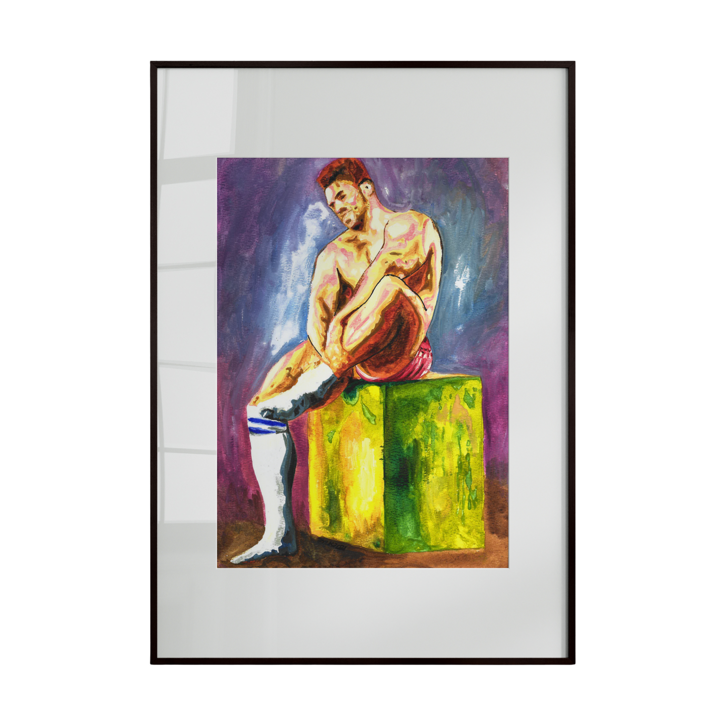 A bold watercolor painting featuring a nude male figure seated on a vibrant, abstract block. The colorful composition contrasts strikingly with the dark background, highlighting form, texture, and artistic energy.
