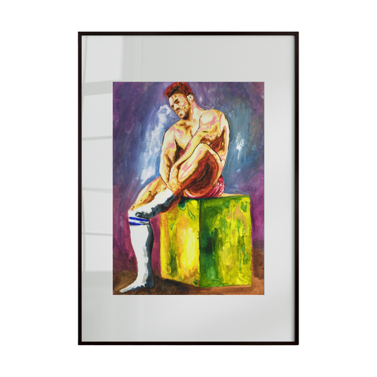 A bold watercolor painting featuring a nude male figure seated on a vibrant, abstract block. The colorful composition contrasts strikingly with the dark background, highlighting form, texture, and artistic energy.