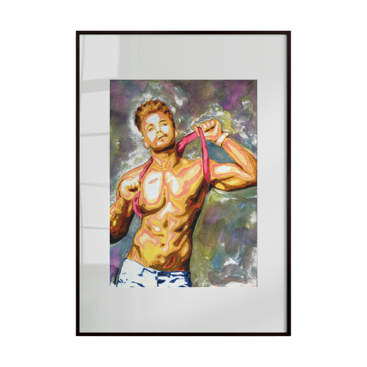 A dynamic watercolor depicting a nude male figure in a colorful, expressive pose. Swirls of vibrant purple and pink create a bold, energetic backdrop, celebrating queer eroticism and artistic freedom.