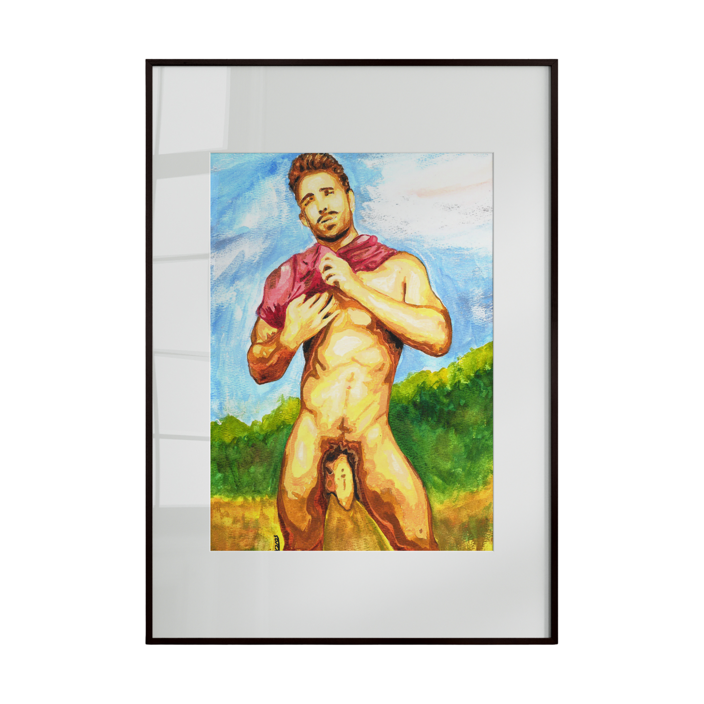 nude male figure standing or moving within a lush forest. The earthy greens, browns, and subtle highlights evoke a sense of natural harmony and quiet solitude.