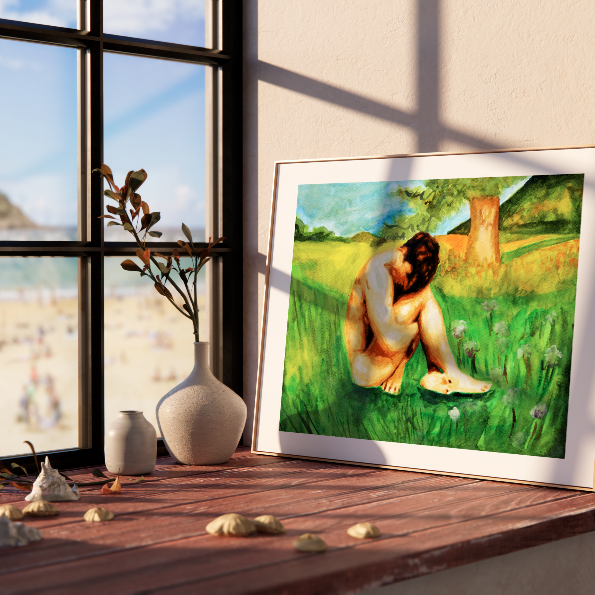 Framed artwork of a woman sitting in a field on a wooden shelf with a window view.