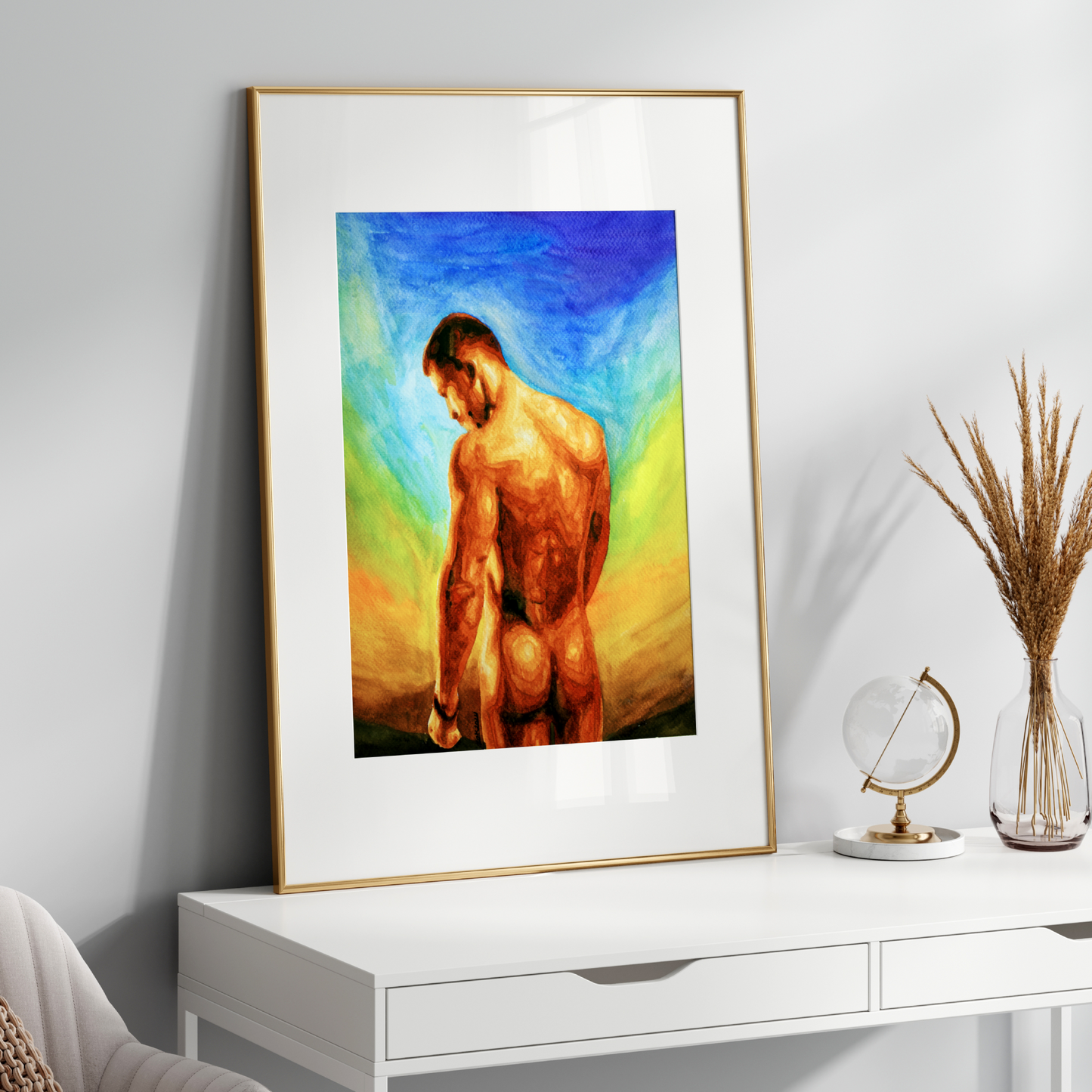 Watercolor painting of a nude man with a strong, beautiful body, proudly facing a rainbow-colored sunset sky, symbolizing queer pride, strength, and self-liberation. Original Zak Pop Art.