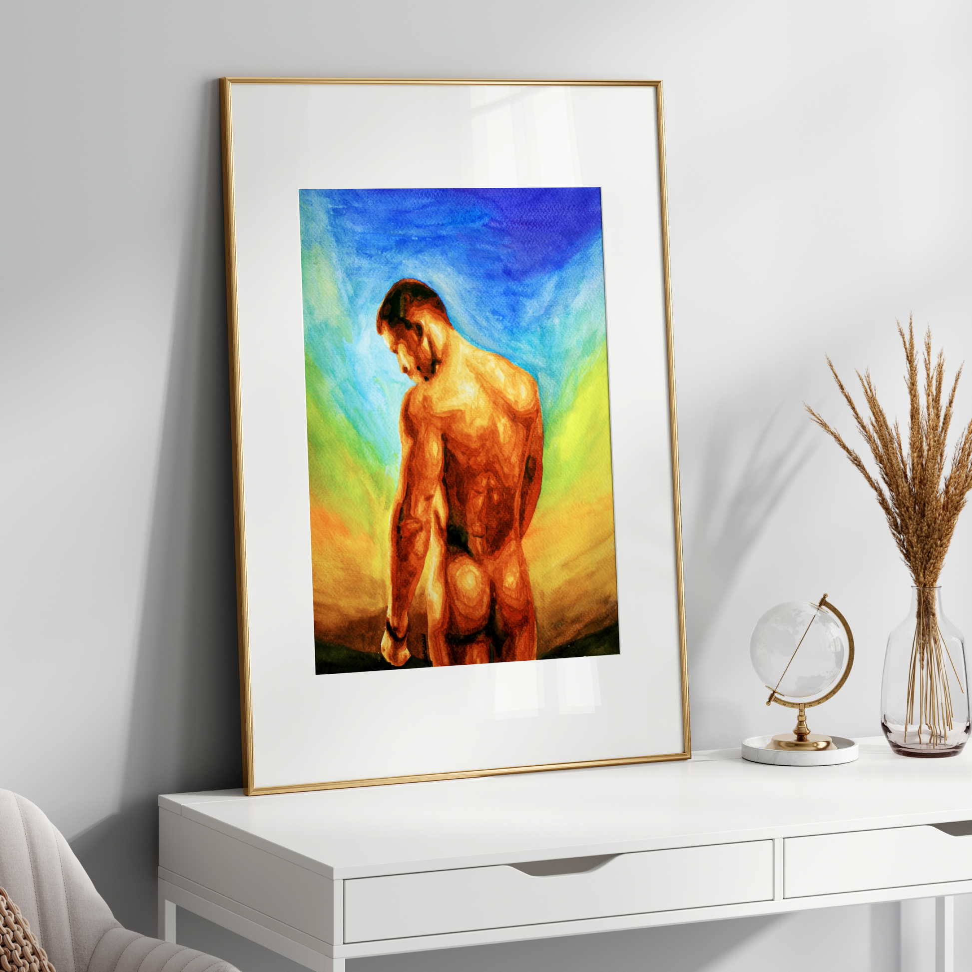 Watercolor painting of a nude man with a strong, beautiful body, proudly facing a rainbow-colored sunset sky, symbolizing queer pride, strength, and self-liberation. Original Zak Pop Art.