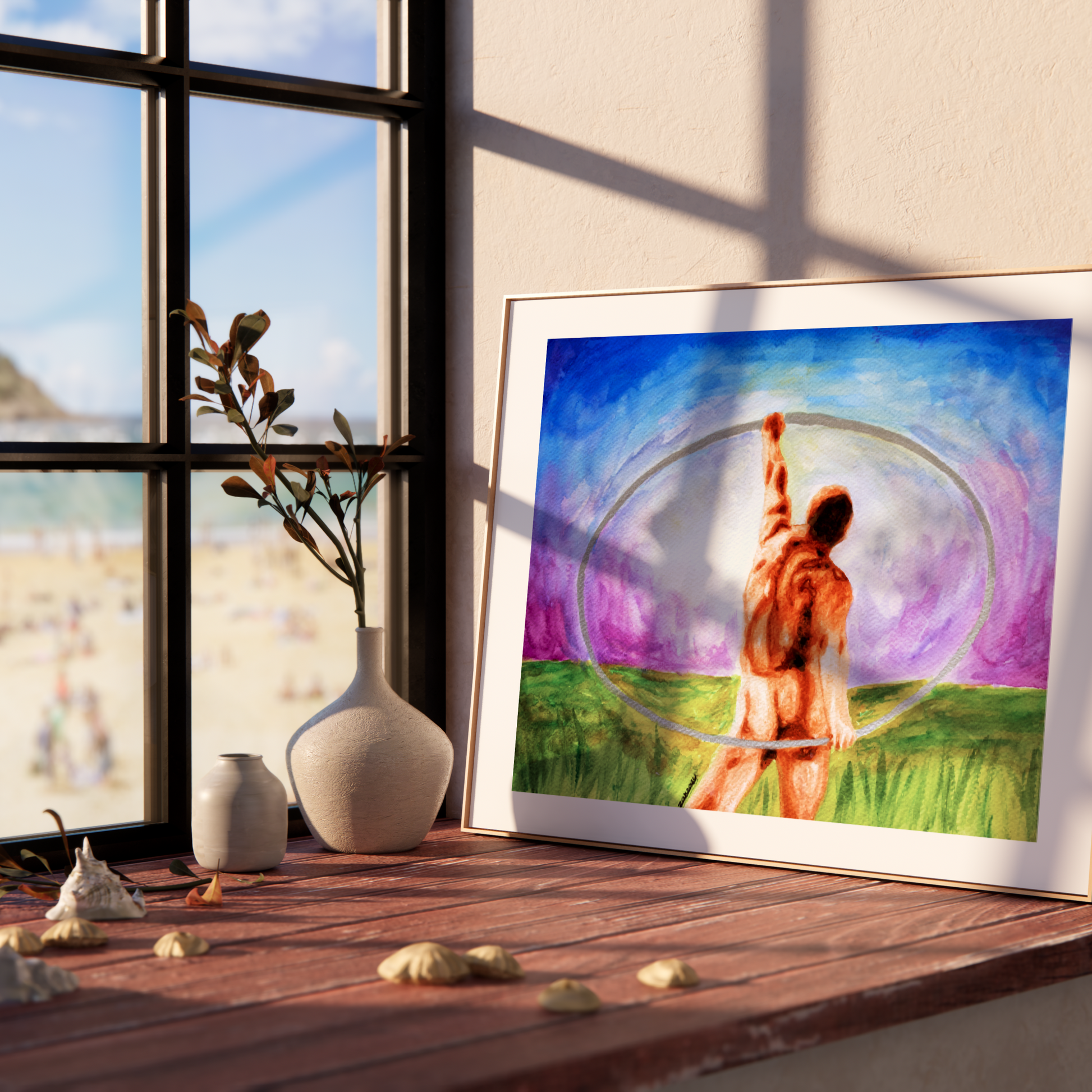 Framed artwork of a person in a hula hoop on a windowsill with a scenic view outside.
