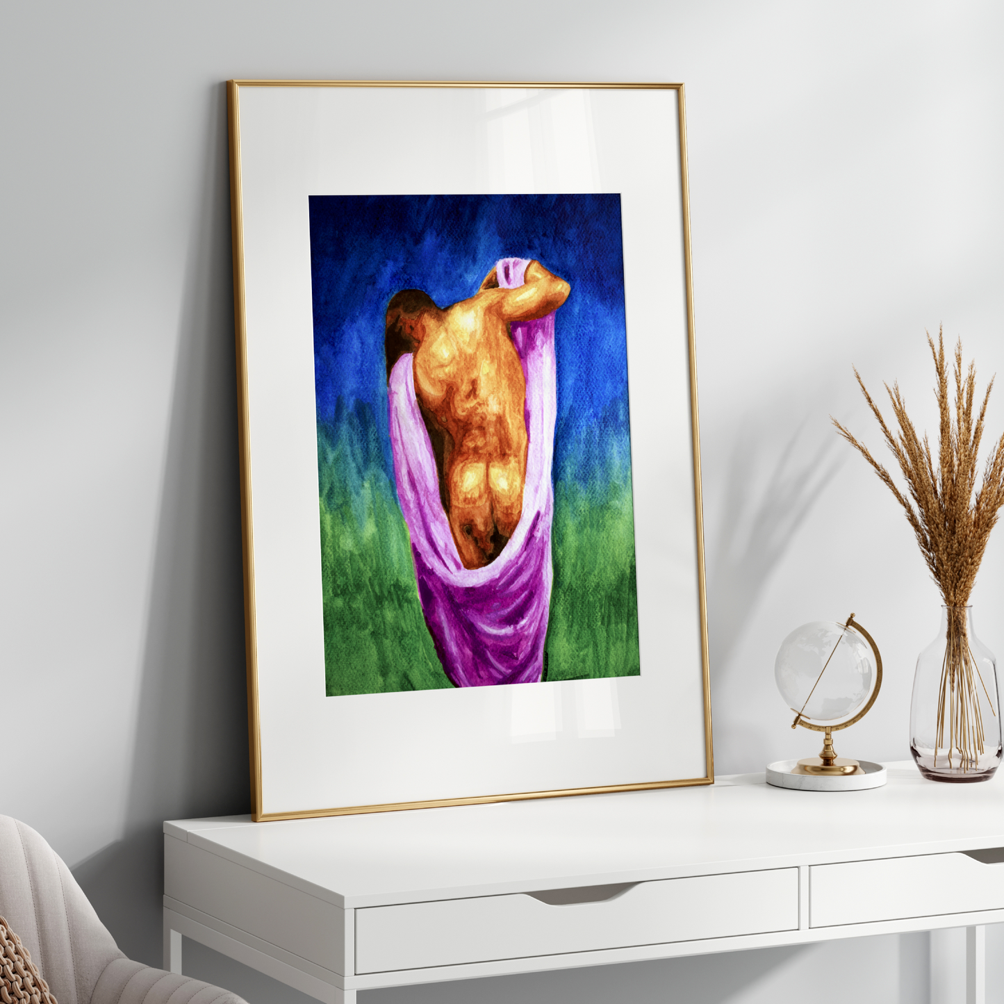 Framed artwork of a person wrapped in a purple cloth on a white wall above a white console table.