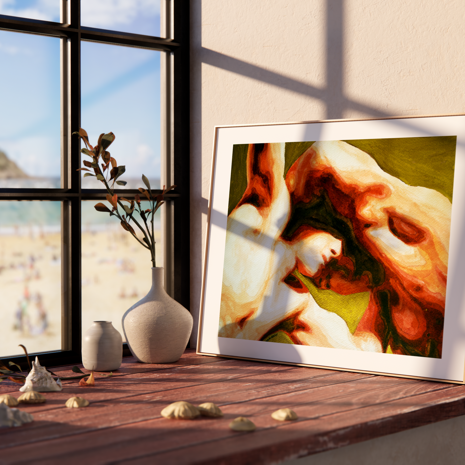 Framed abstract artwork on a wooden shelf with a window view