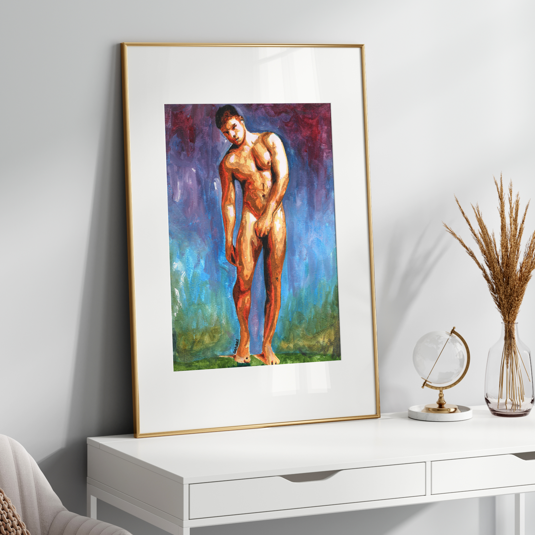 Framed artwork of a nude figure on a white wall above a white console table.