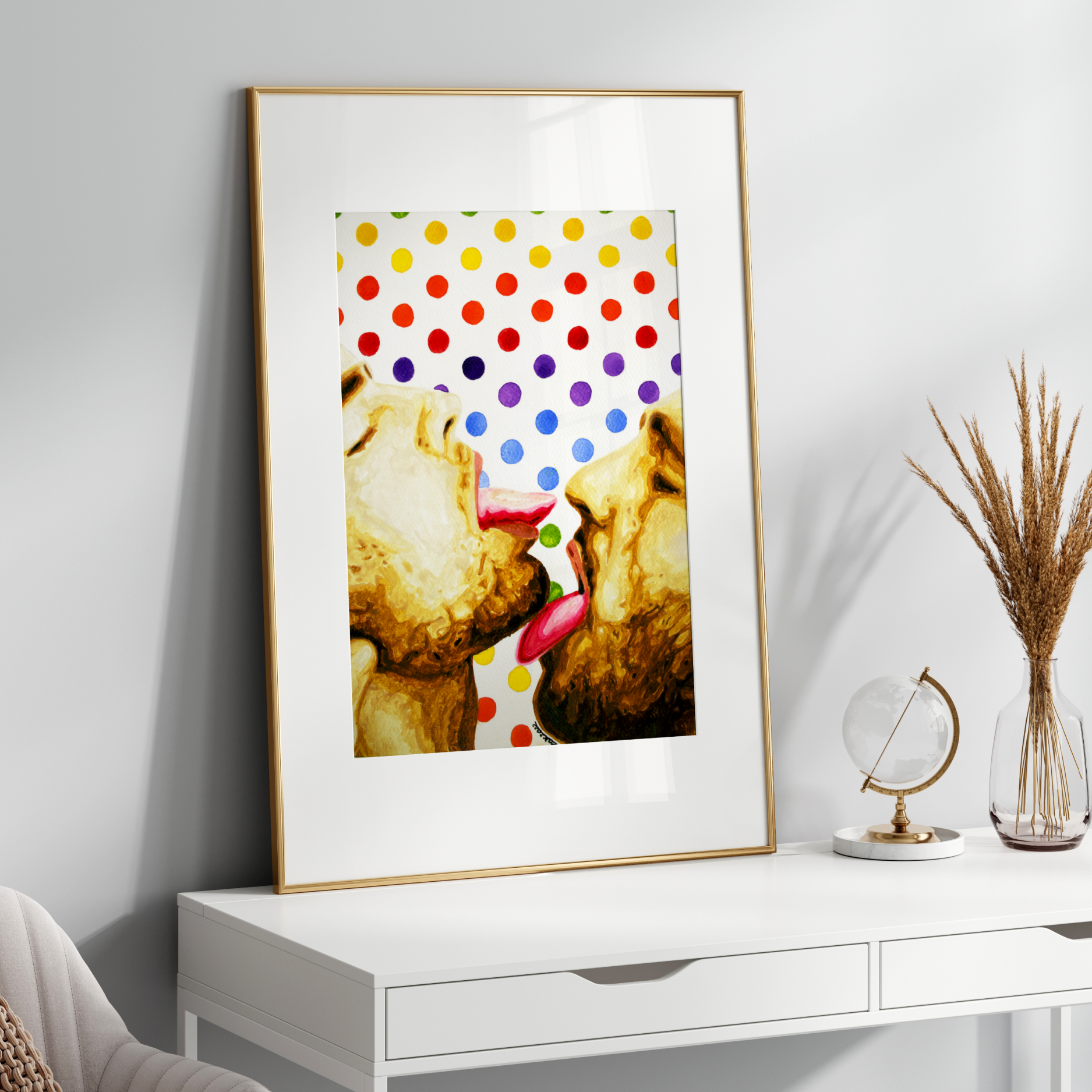 Framed artwork of two gay couple kissing with a colorful polka dot background.