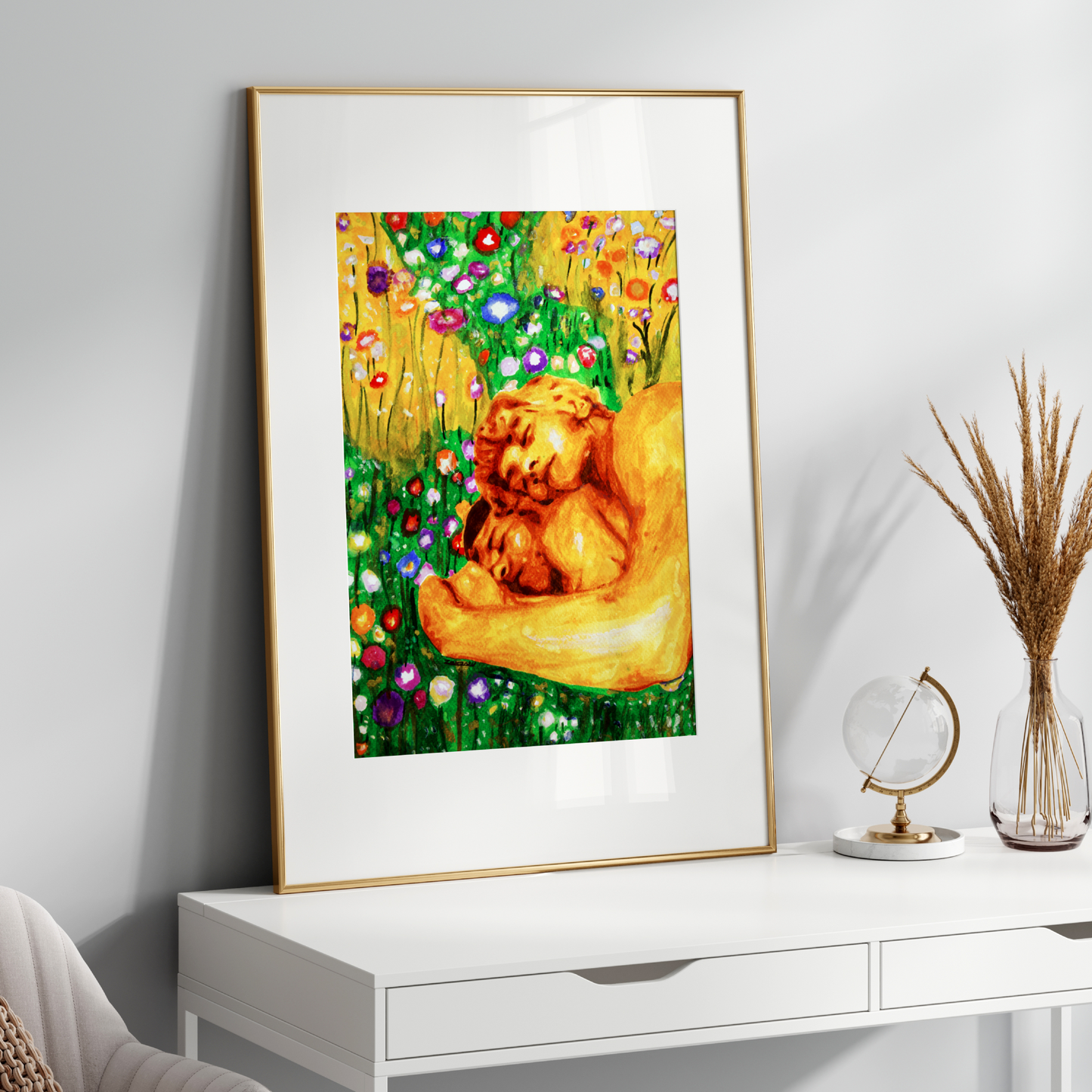 Watercolor of two nude men lying in a flower-filled field, holding each other, painted in a Klimt-inspired golden style.