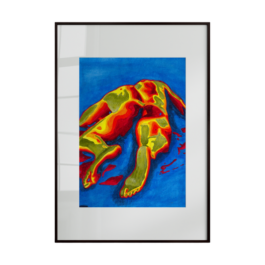 Framed abstract artwork with colorful hand design on a blue background