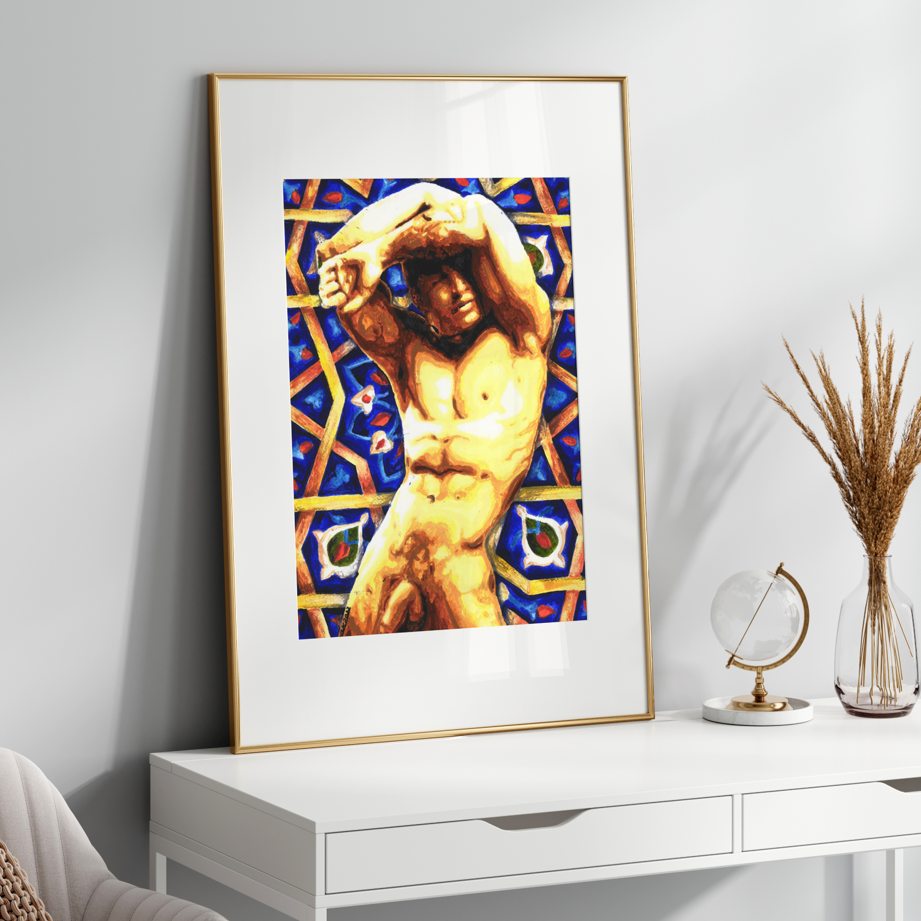Framed artwork of a classical statue on a white shelf with decorative items.