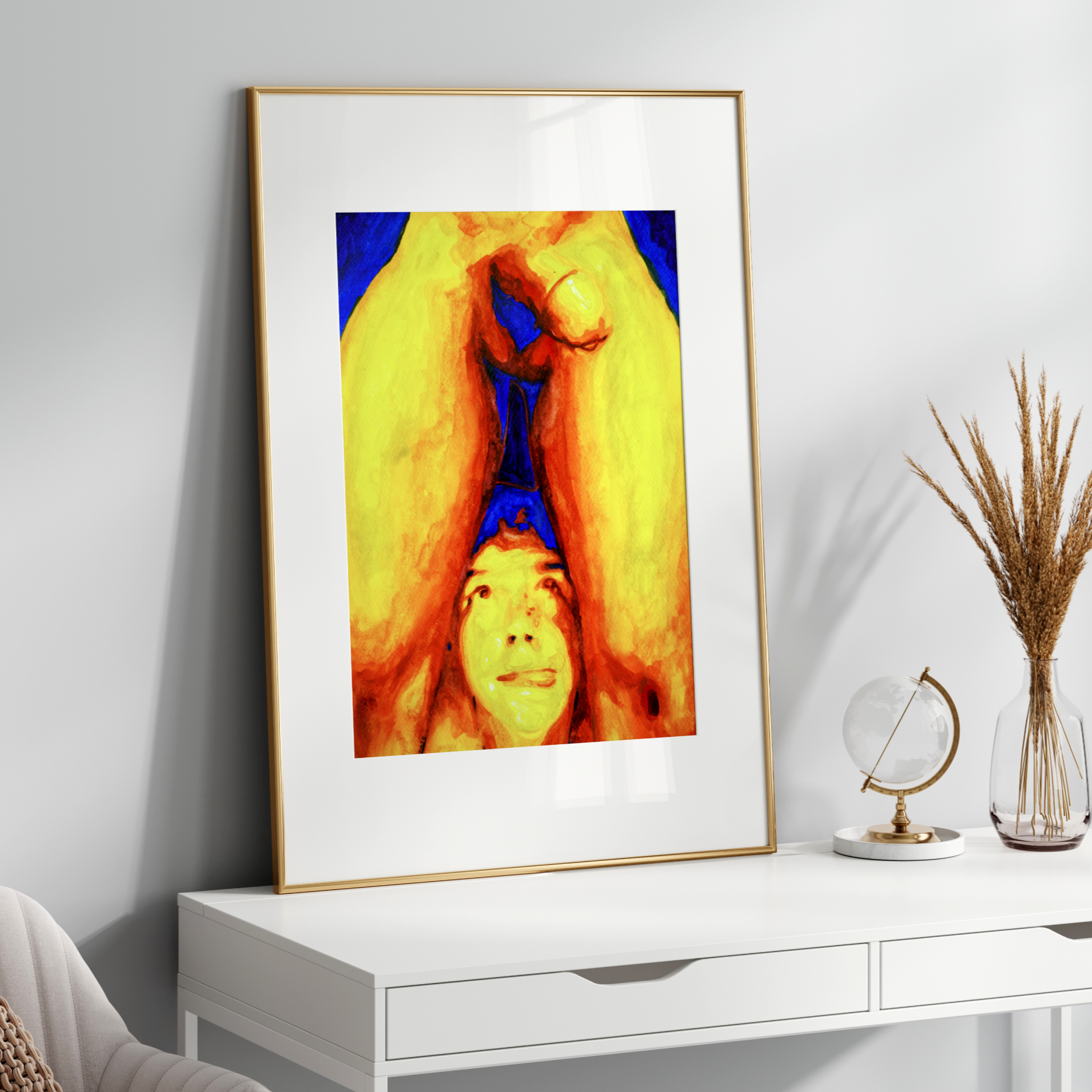 Playful gay erotic watercolor painting of a semi-nude man looking upward with a teasing tongue-out expression, showcasing queer sensuality 