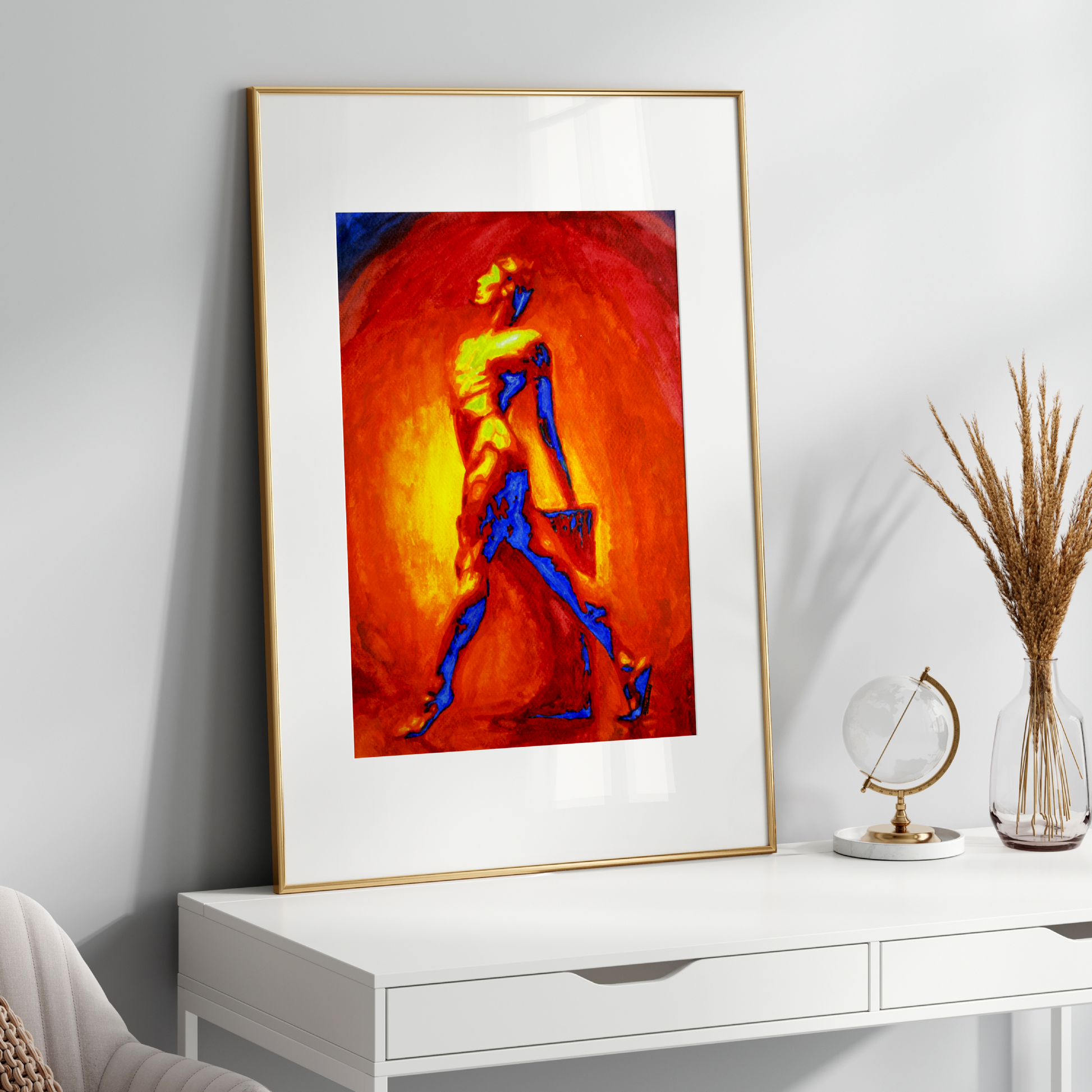 Framed abstract artwork on a white wall above a white console table with decorative items.