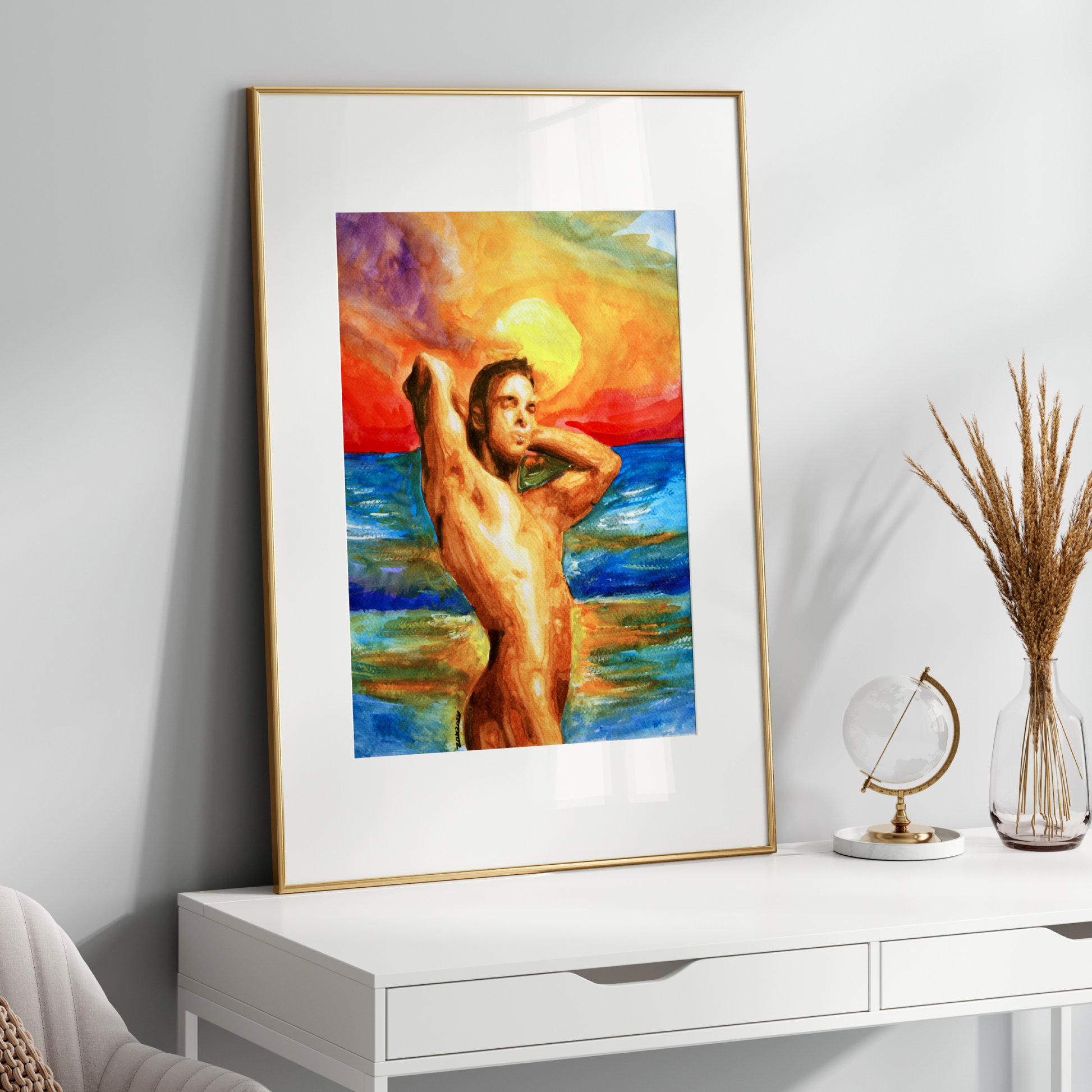 Watercolor painting of a muscular nude young man standing by the ocean at sunset, flexing his arms behind his head. The sky glows with warm golden hues blending into deep blue sea, symbolizing queer pride, strength, and serenity.