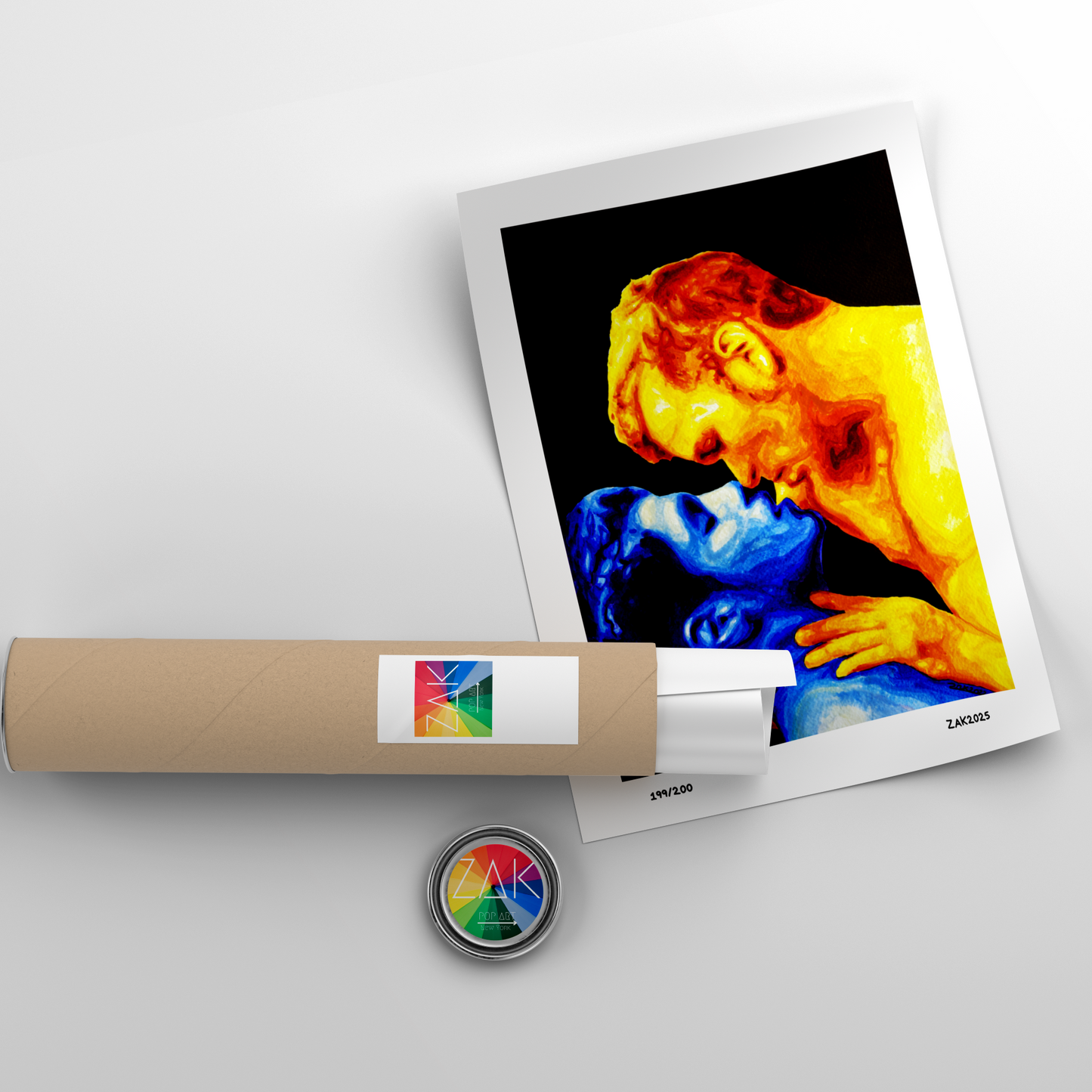 Framed artwork of a colorful depiction of a gay cople embracing on a white wall.