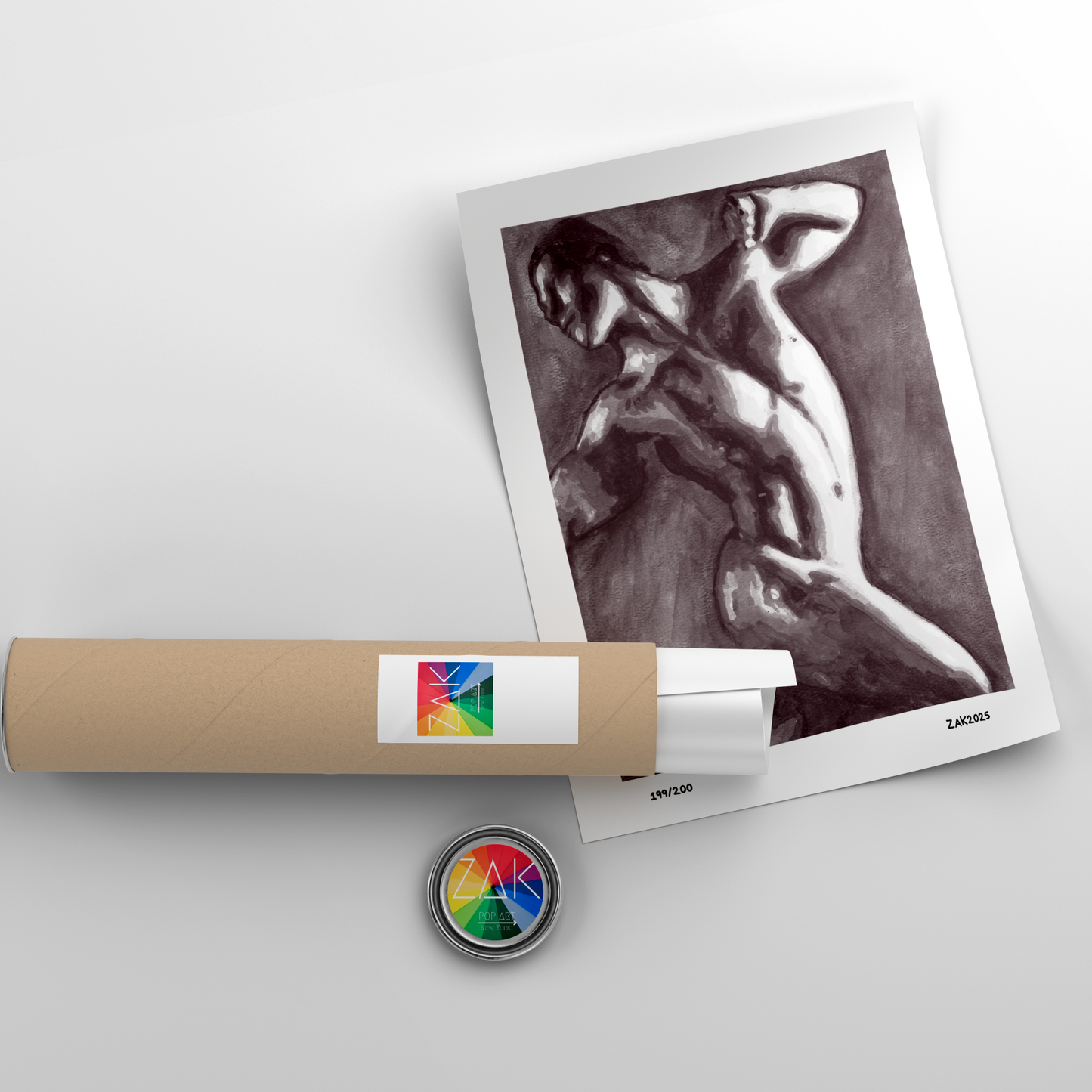 Artistic depiction of a nude figure on paper with a cylindrical object and colorful label in the foreground.