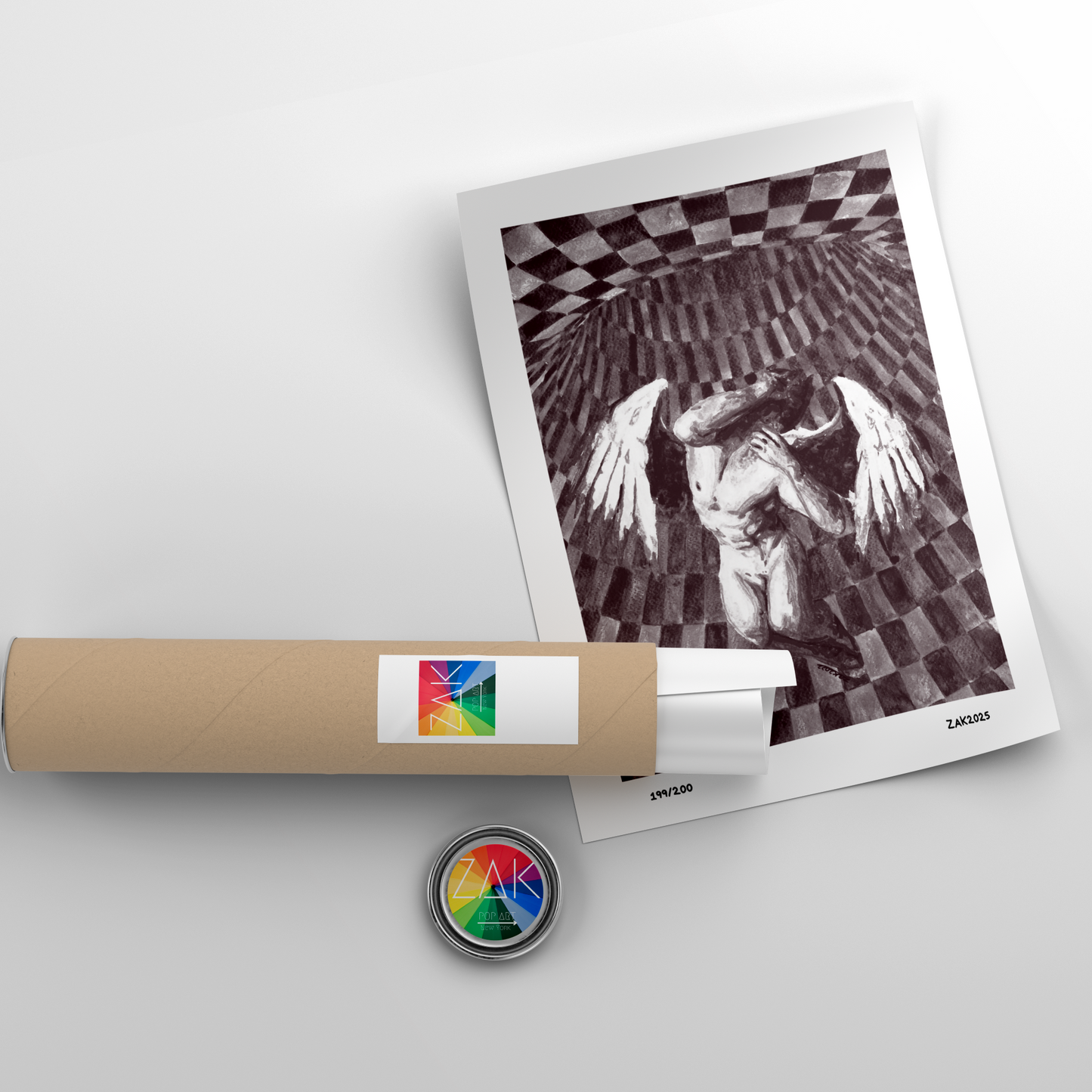 Artistic print of a winged figure on a checkered background with a cylindrical product and colorful label in the foreground.