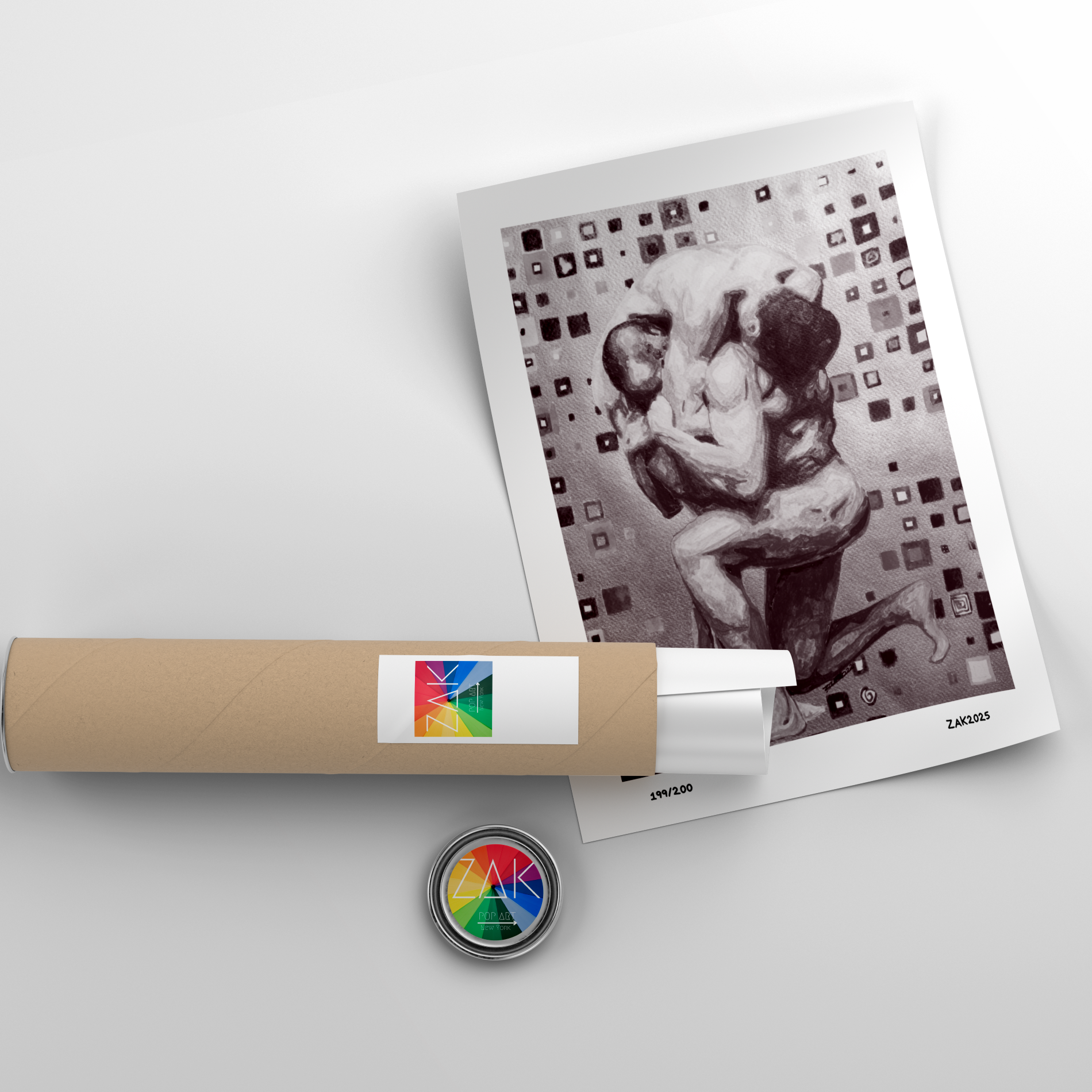 Artistic print of a nude figure with a cylindrical object and circular badge on a light gray background