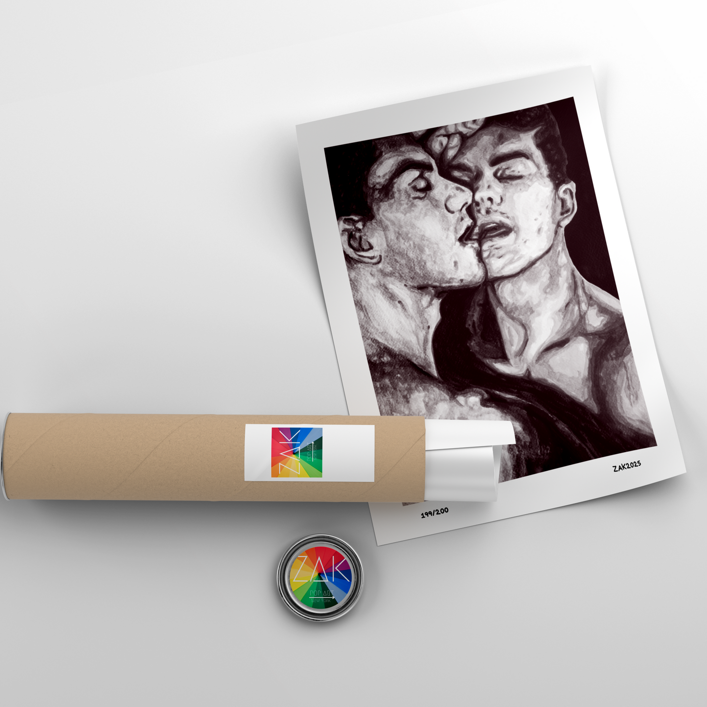 Artistic depiction of a person with a nose ring on a white background, with a cylindrical product and colorful label in the foreground.