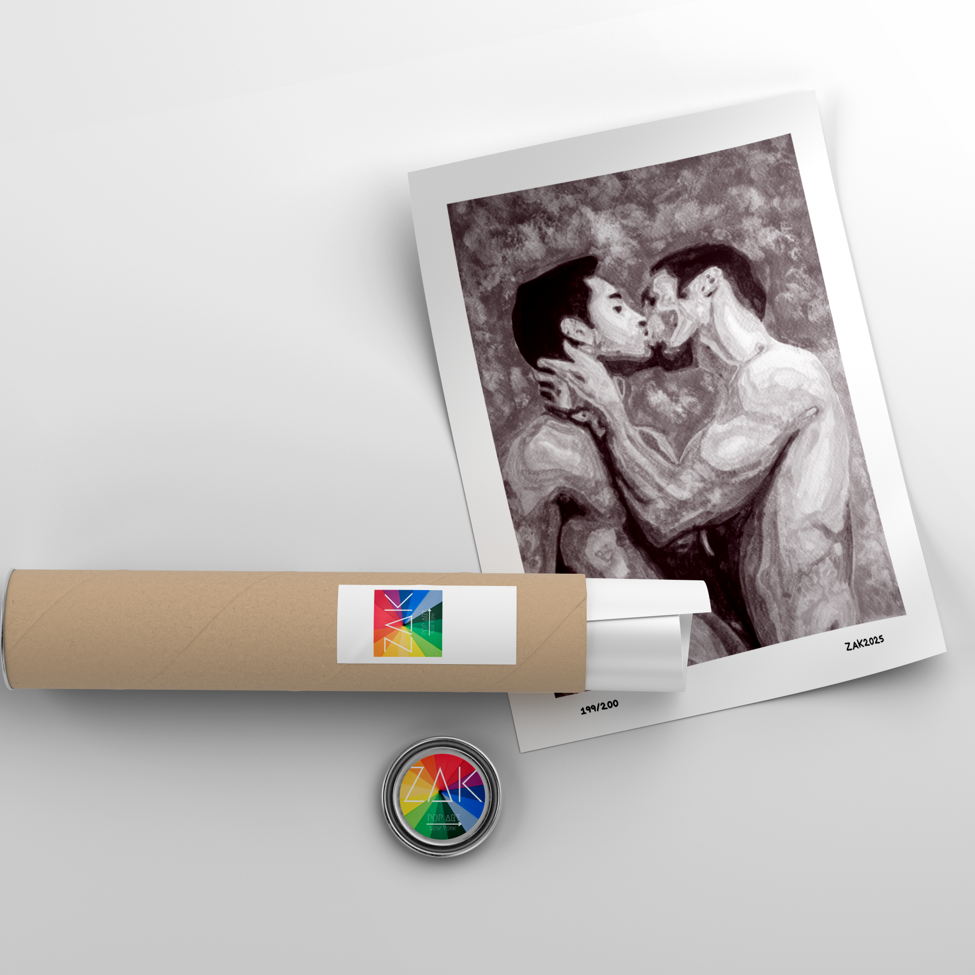 Rolled-up poster with a print of 'The Kiss' by Gustav Klimt on a light gray background.