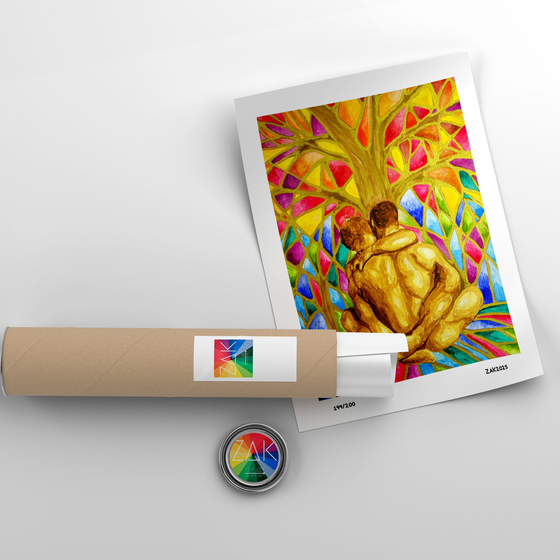 Colorful artwork of a couple embracing on a white background with a roll of paper and a stamp.