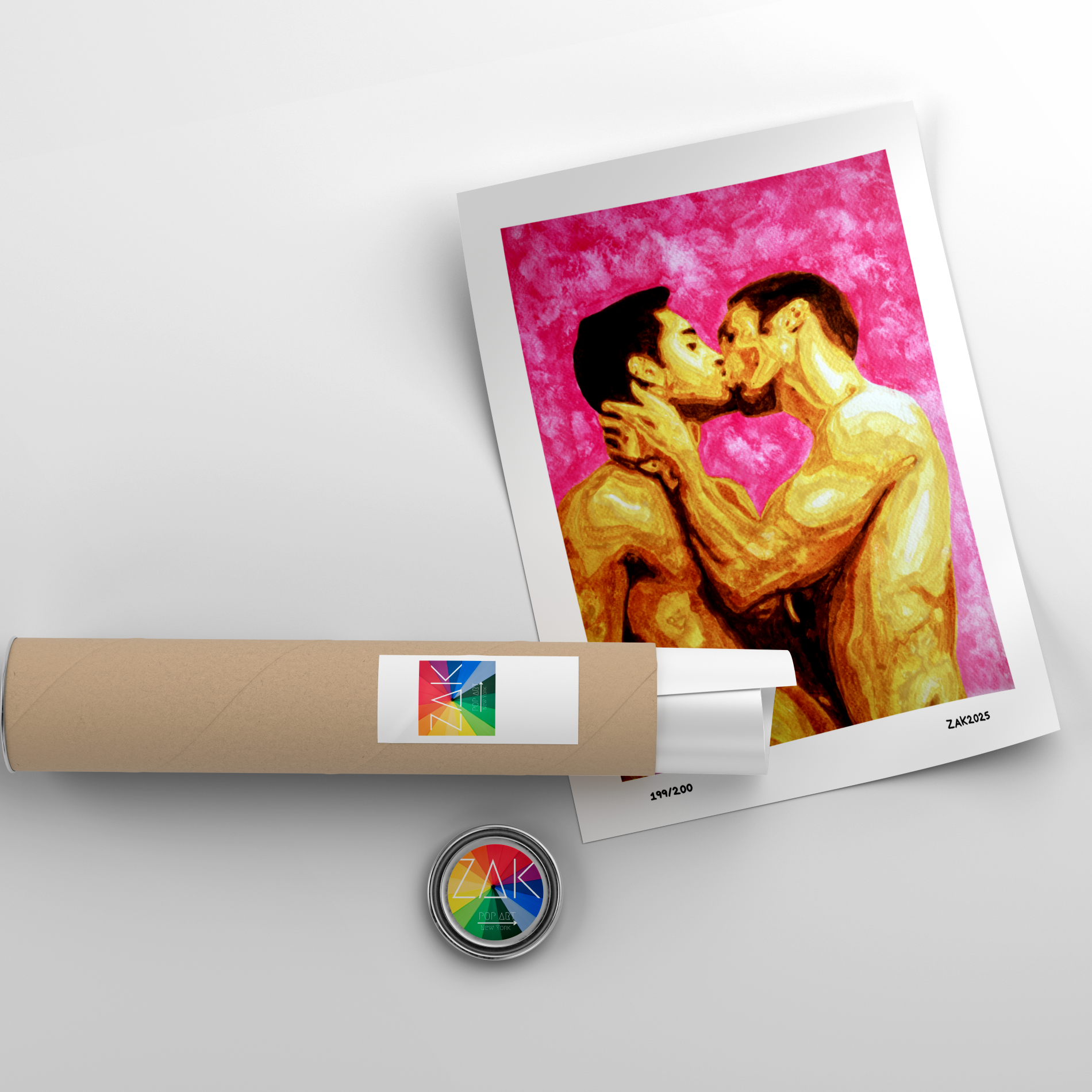 Artistic depiction of two figures embracing with a pink heart on a white background, accompanied by a cylindrical product and a circular logo.