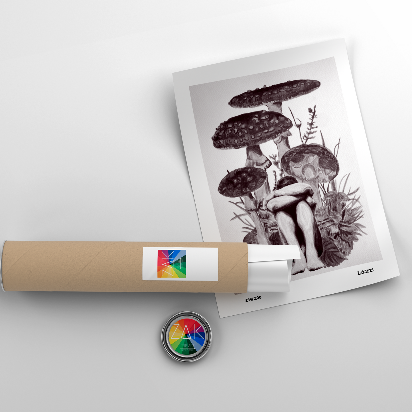 Art print of a person with mushrooms and a cylindrical product with a colorful label on a light gray background.