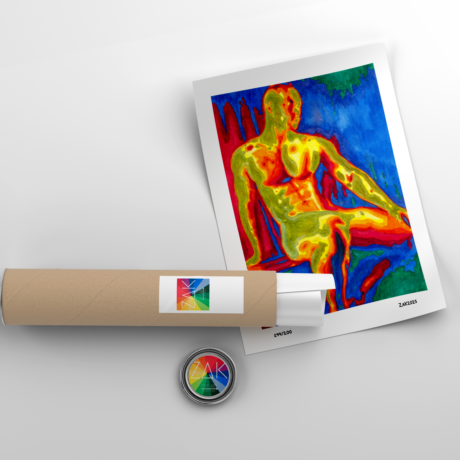 Thermal imaging print of a person with a roll of paper and a small round object on a light gray background
