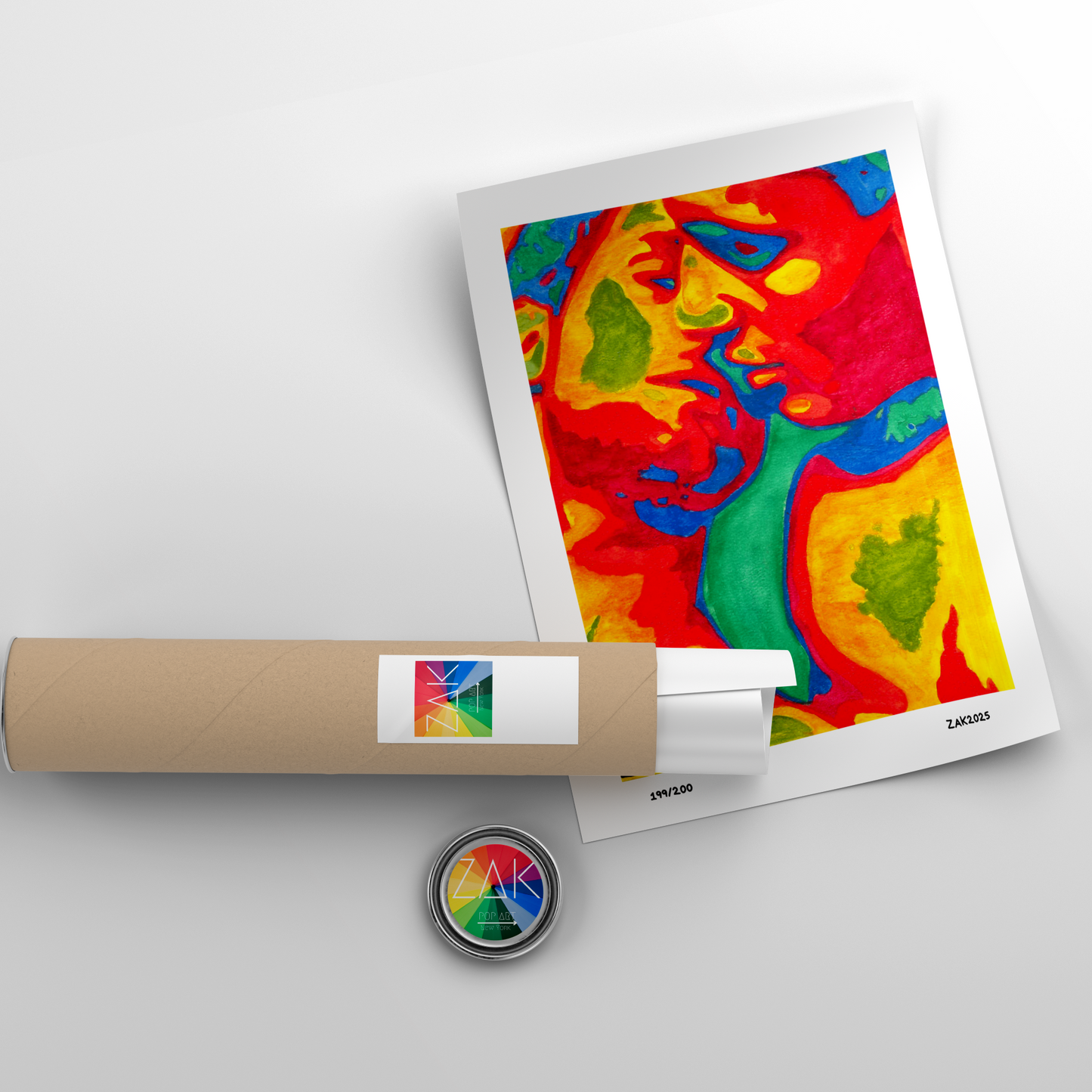 Framed colorful gay couple kissing art print on a white wall
