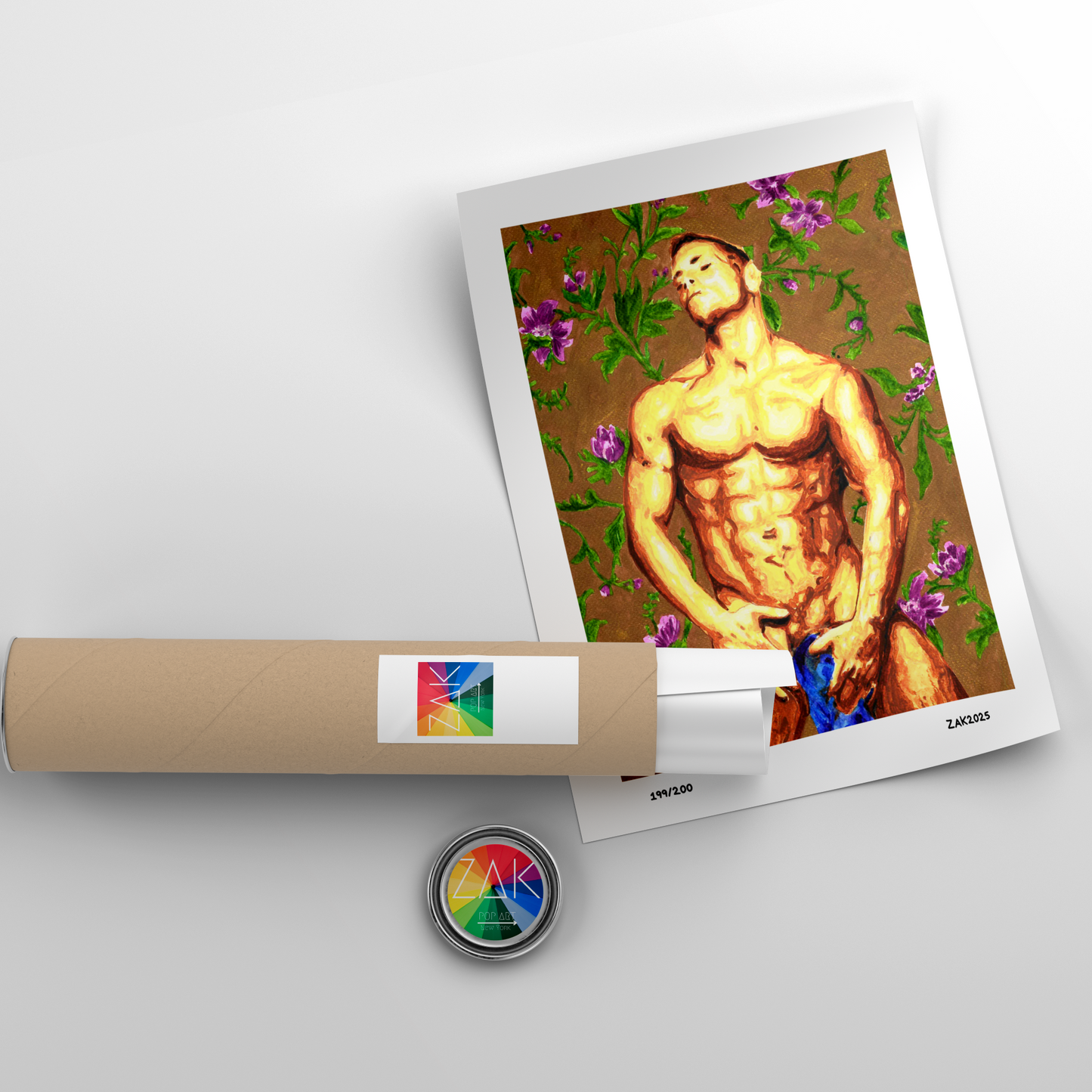 Artistic depiction of a shirtless man with flowers on a white background